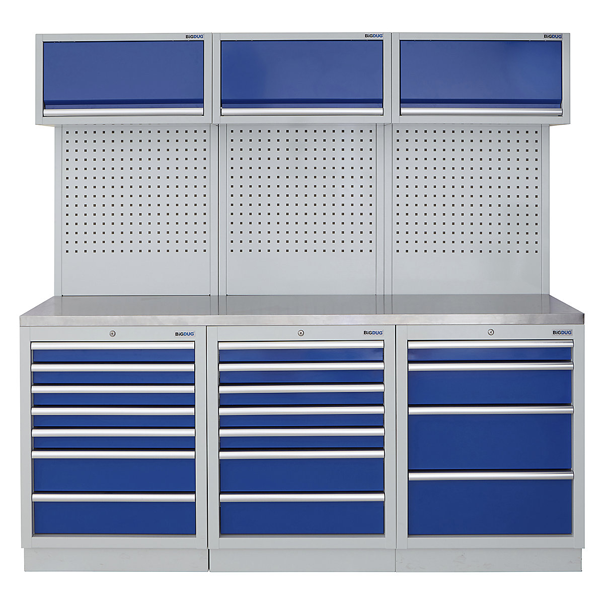 BiGDUG | 2041mm Wide Modular Storage System | 6 Cabinet, BiGDUG | 2041mm Wide Modular Storage System | 6 Cabinet, BiGDUG | 2041mm Wide Storage System | 7 Drawer Cabinet | 7 Drawer Cabinet | 4 Drawer Cabinet | 3x Wall Panel | 3x Wall Cupboard | Grey Housing | Blue Doors | Stainless Worktop-0