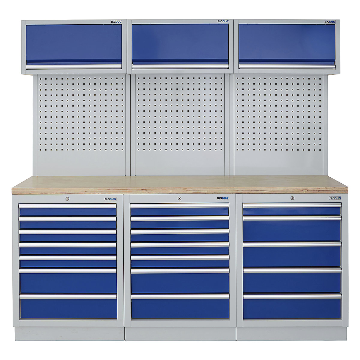BiGDUG | 2041mm Wide Modular Storage System | 6 Cabinet, BiGDUG | 2041mm Wide Modular Storage System | 6 Cabinet, BiGDUG | 2041mm Wide Storage System | 7 Drawer Cabinet | 7 Drawer Cabinet | 5 Drawer Cabinet | 3x Wall Panel | 3x Wall Cupboard | Grey Housing | Blue Doors | Multiplex Worktop-0