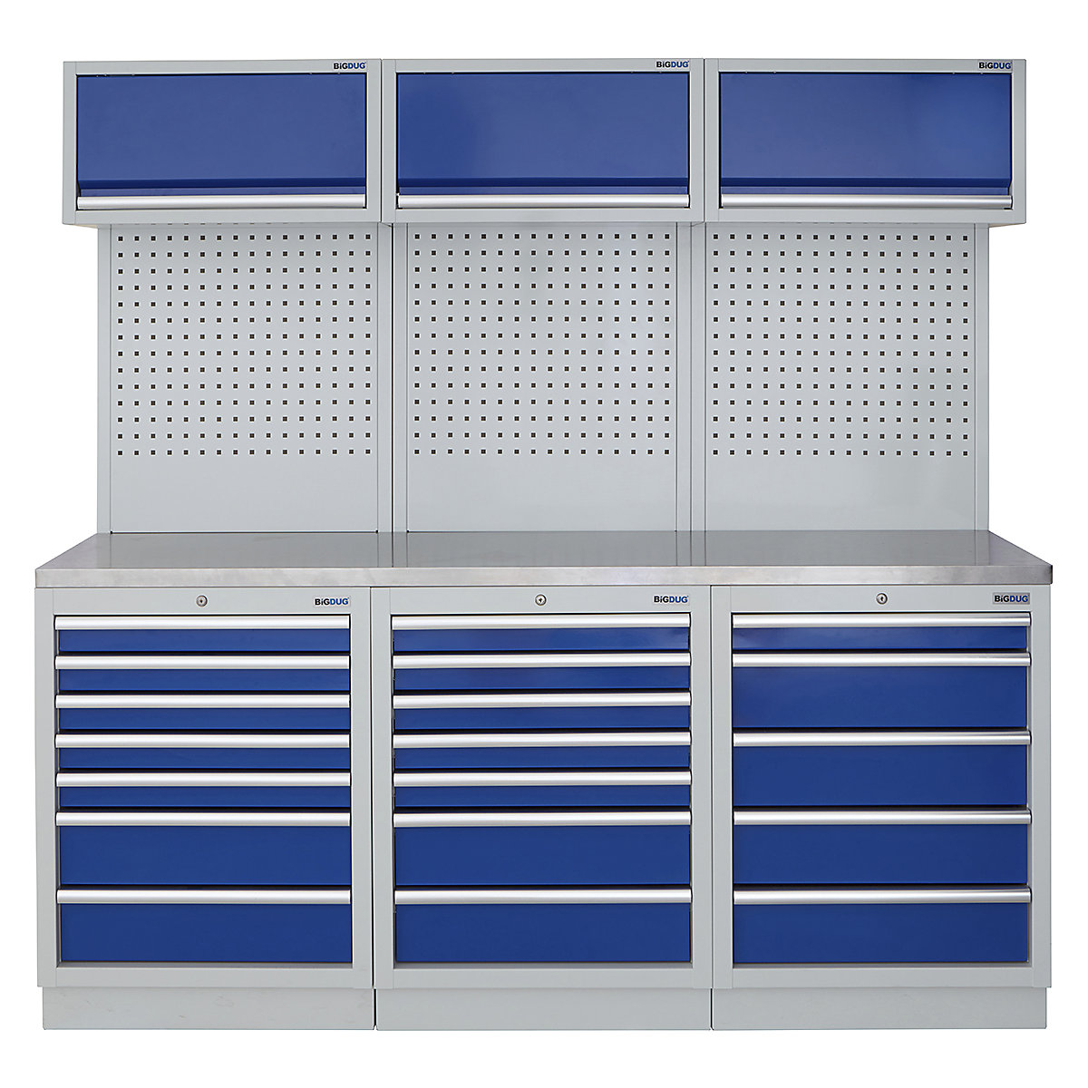 BiGDUG | 2041mm Wide Modular Storage System | 6 Cabinet, BiGDUG | 2041mm Wide Modular Storage System | 6 Cabinet, BiGDUG | 2041mm Wide Storage System | 7 Drawer Cabinet | 7 Drawer Cabinet | 5 Drawer Cabinet | 3x Wall Panel | 3x Wall Cupboard | Grey Housing | Blue Doors | Stainless Worktop-0