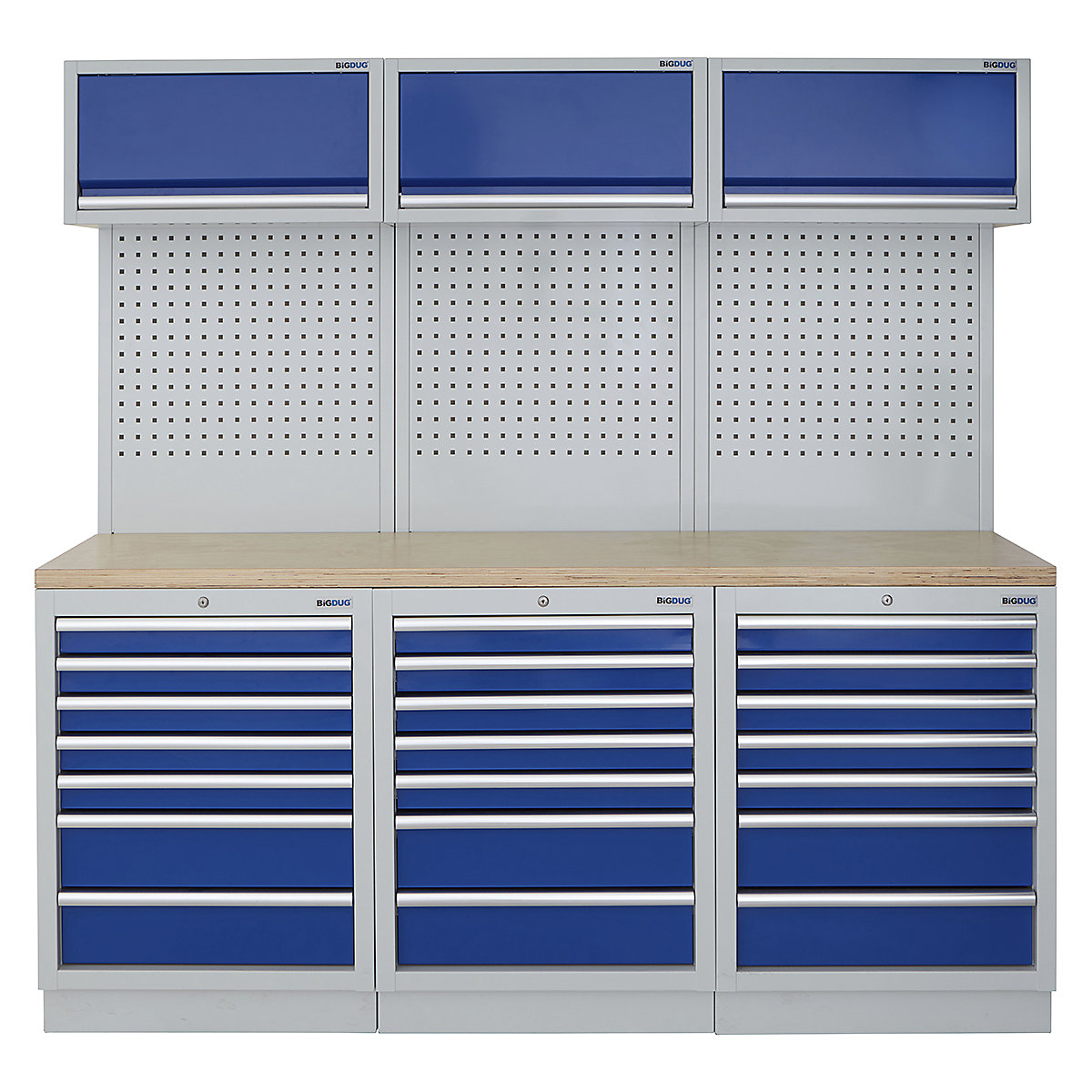 BiGDUG | 2041mm Wide Modular Storage System | 6 Cabinet, BiGDUG | 2041mm Wide Modular Storage System | 6 Cabinet, BiGDUG | 2041mm Wide Storage System | 3x 7 Drawer Cabinet | 3x Wall Panel | 3x Wall Cupboard | Grey Housing | Blue Doors | Multiplex Worktop-0