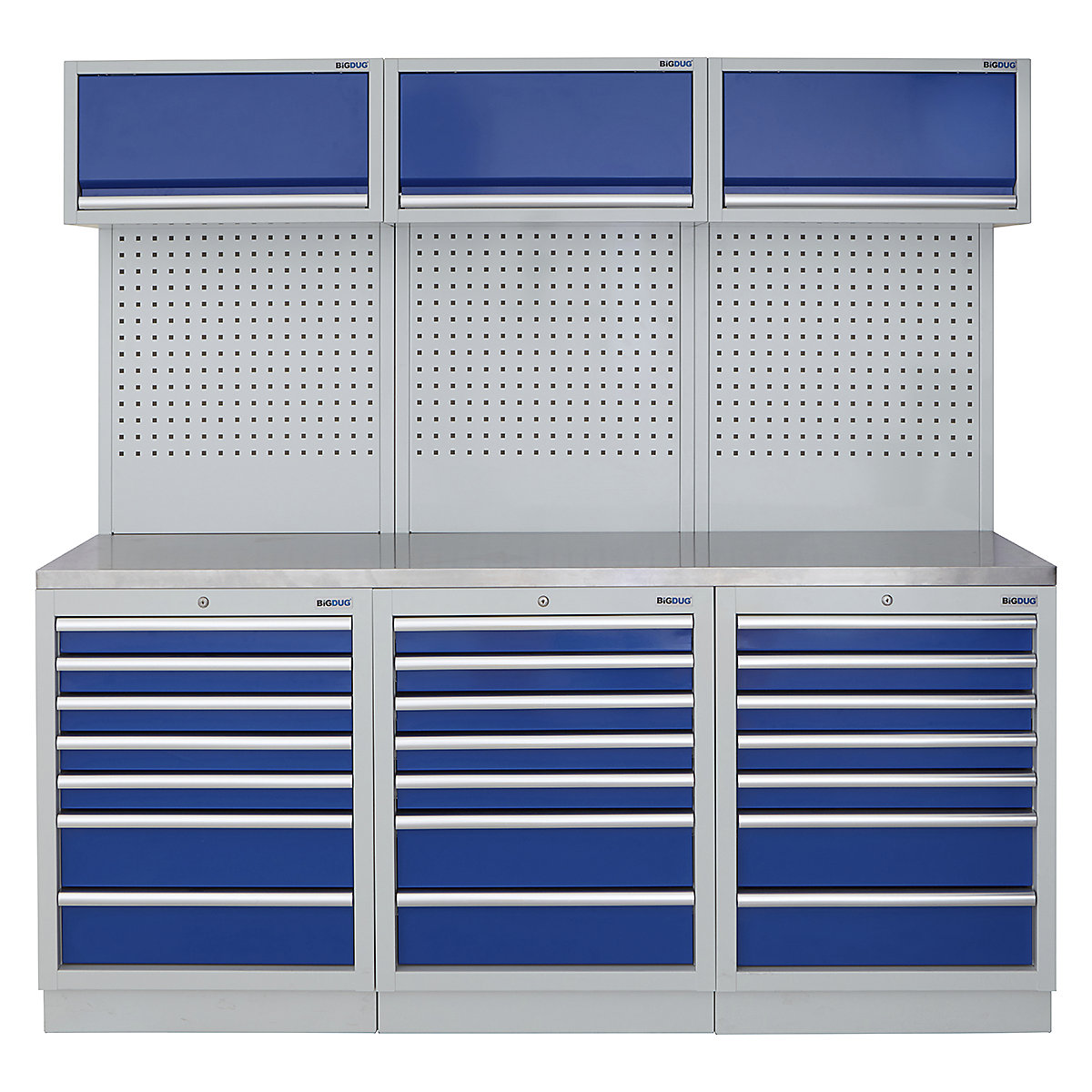 BiGDUG | 2041mm Wide Modular Storage System | 6 Cabinet, BiGDUG | 2041mm Wide Modular Storage System | 6 Cabinet, BiGDUG | 2041mm Wide Storage System | 3x 7 Drawer Cabinet | 3x Wall Panel | 3x Wall Cupboard | Grey Housing | Blue Doors | Stainless Worktop-0