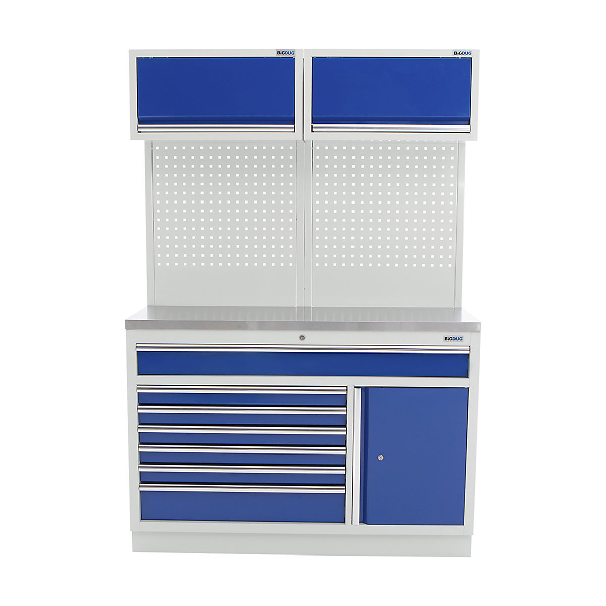 BiGDUG 1361mm Wide Storage System | 7 Drawer & 1 Door Cabinet, BiGDUG 1361mm Wide Storage System | 7 Drawer & 1 Door Cabinet, BiGDUG | 1361mm Wide Storage System | 7 Drawer & 1 Door Cabinet | 910h x 1360w x 458d mm | 2x Wall Panel | 2x Wall Cupboard | Grey Housing | Blue Doors | Stainless Worktop-0