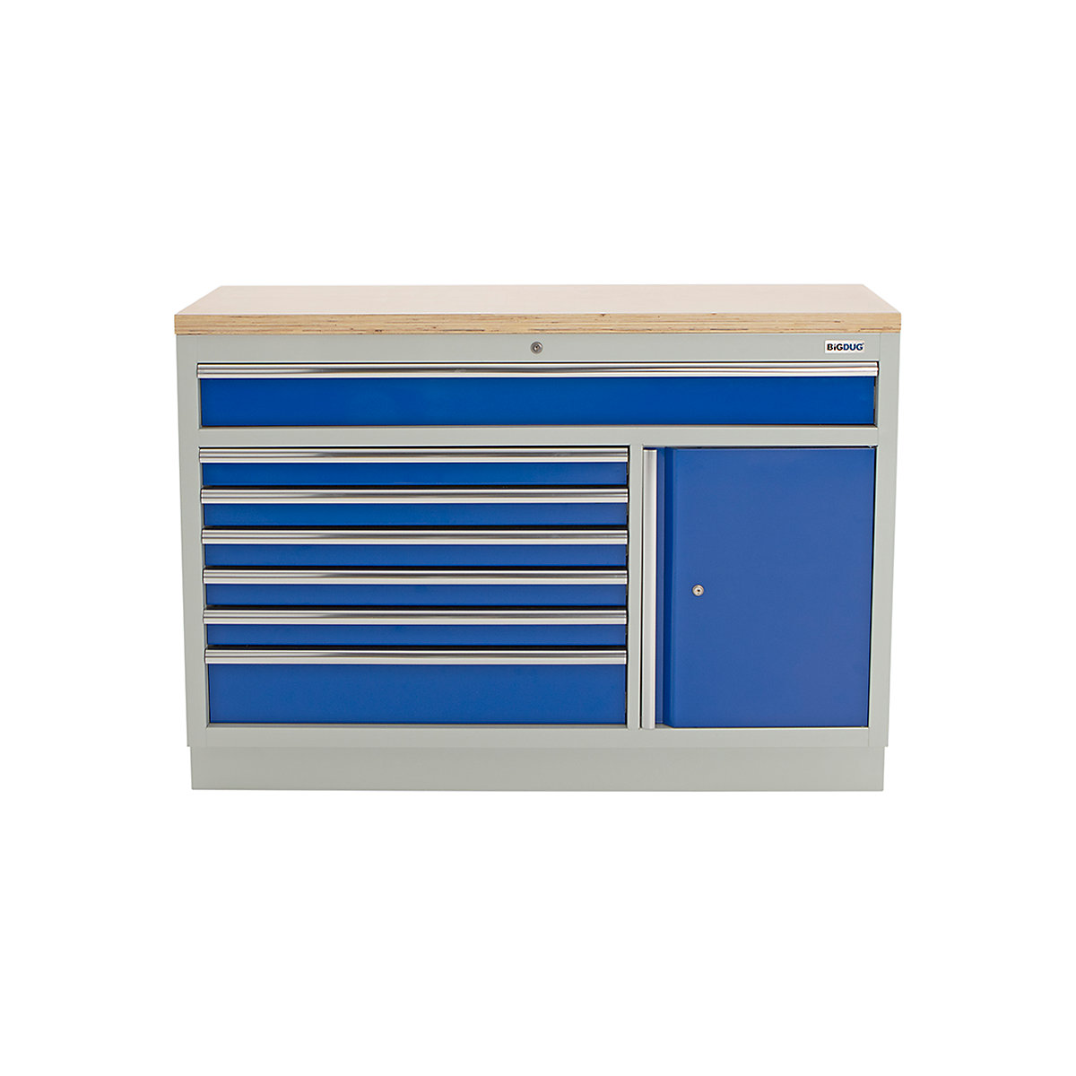BiGDUG Modular Garage 7 Drawer & 1 Door Cabinet | 1360mm Wide, BiGDUG Modular Garage 7 Drawer & 1 Door Cabinet | 1360mm Wide, BiGDUG | 7 Drawer & 1 Door Cabinet | 910h x 1360w x 458d mm | Grey & Blue | Multiplex Worktop-1