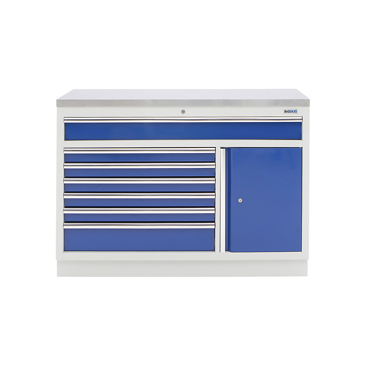 BiGDUG Modular Garage 7 Drawer & 1 Door Cabinet | 1360mm Wide, BiGDUG Modular Garage 7 Drawer & 1 Door Cabinet | 1360mm Wide, BiGDUG | 7 Drawer & 1 Door Cabinet | 910h x 1360w x 458d mm | Grey & Blue | Stainless Worktop-0