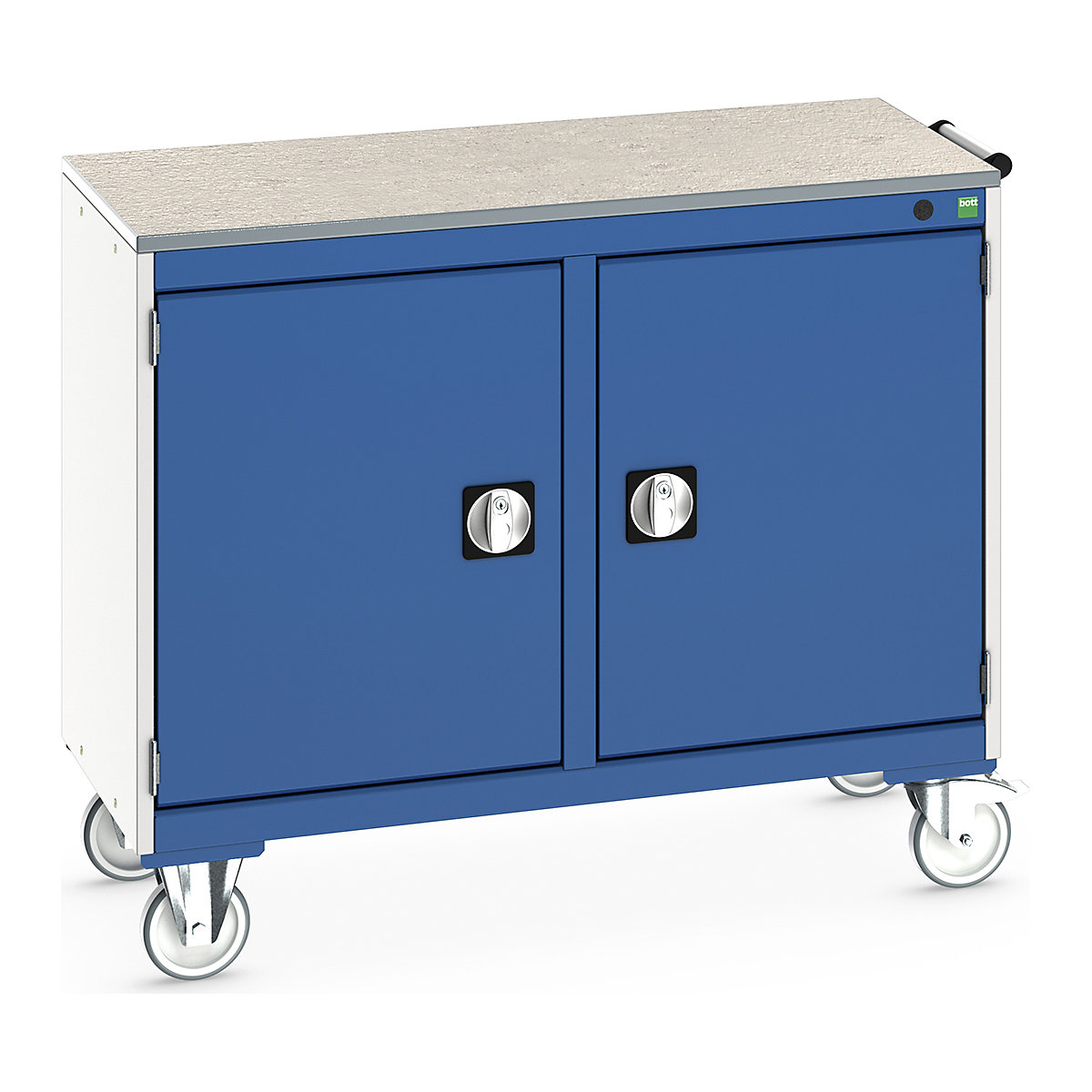Bott Cubio Maintenance Trolleys, Bott Cubio Maintenance Trolleys, Bott Cubio Maintenance Trolley | 890h x 1050w x 525d mm | 50/50 - Double Cupboard | Lino Worktop | Blue Drawers | Light Grey Housing-0