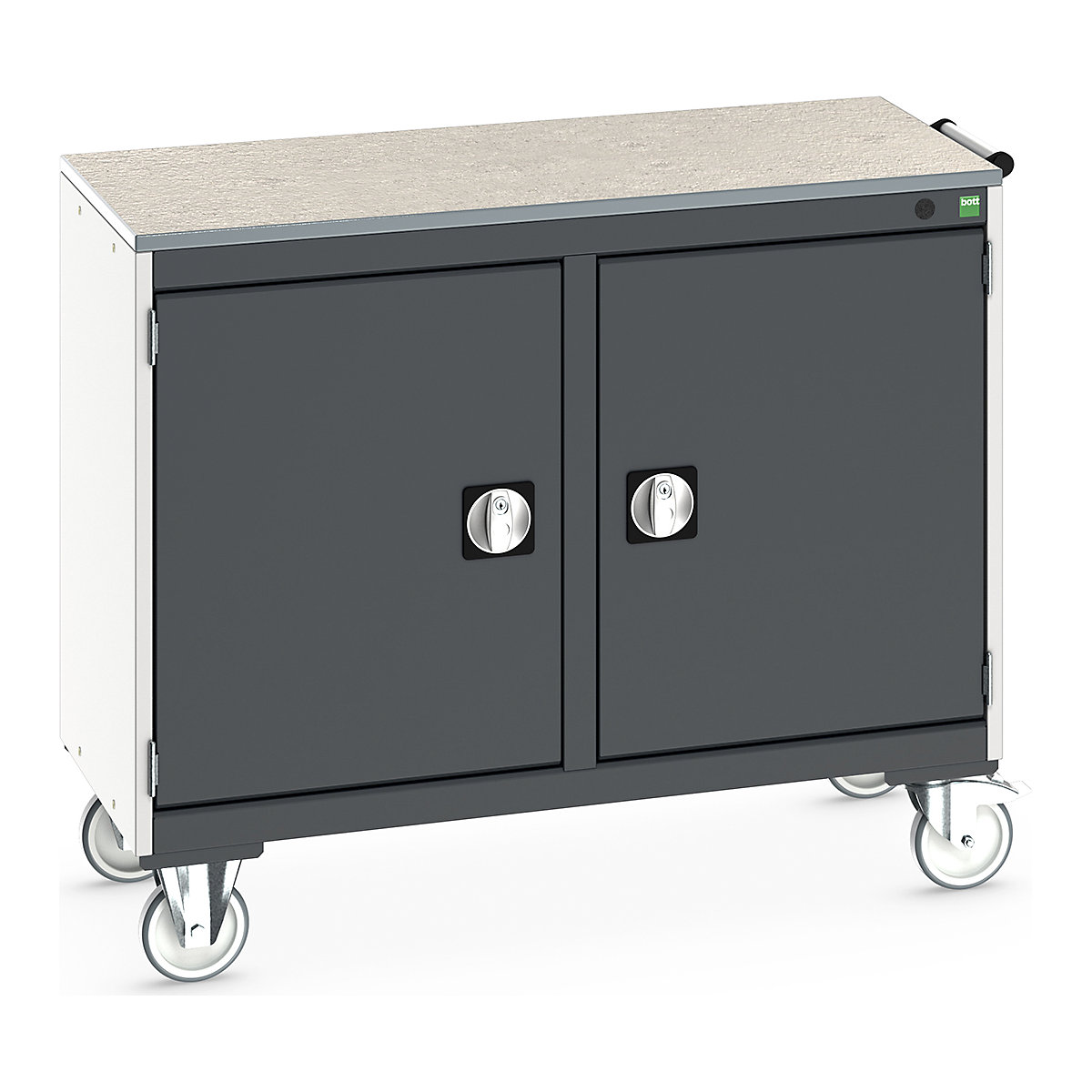 Bott Cubio Maintenance Trolleys, Bott Cubio Maintenance Trolleys, Bott Cubio Maintenance Trolley | 890h x 1050w x 525d mm | 50/50 - Double Cupboard | Lino Worktop | Dark Grey Drawers | Light Grey Housing-0
