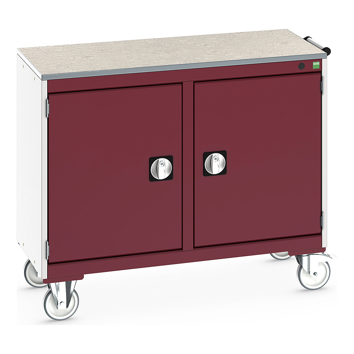 Bott Cubio Maintenance Trolleys, Bott Cubio Maintenance Trolleys, Bott Cubio Maintenance Trolley | 890h x 1050w x 525d mm | 50/50 - Double Cupboard | Lino Worktop | Red Drawers | Light Grey Housing-0