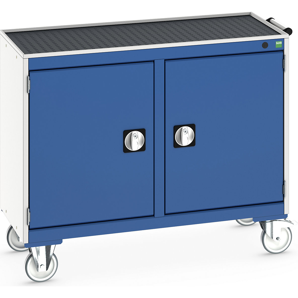 Bott Cubio Maintenance Trolleys, Bott Cubio Maintenance Trolleys, Bott Cubio Maintenance Trolley | 885h x 1050w x 525d mm | 50/50 - Double Cupboard | Top Tray & Mat | Blue Drawers | Light Grey Housing-0
