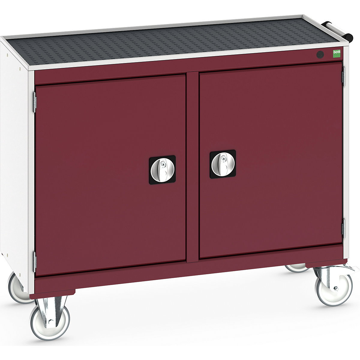 Bott Cubio Maintenance Trolleys, Bott Cubio Maintenance Trolleys, Bott Cubio Maintenance Trolley | 885h x 1050w x 525d mm | 50/50 - Double Cupboard | Top Tray & Mat | Red Drawers | Light Grey Housing-0