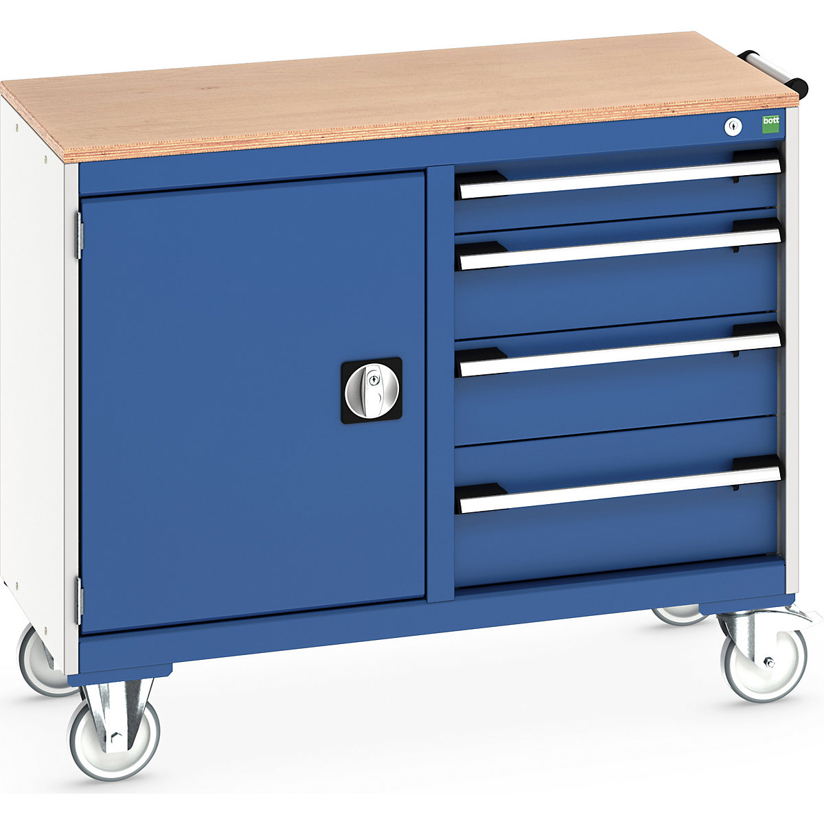 Bott Cubio Maintenance Trolleys, Bott Cubio Maintenance Trolleys, Bott Cubio Maintenance Trolley | 890h x 1050w x 525d mm | 50/50 - Cupboard & 4 Drawers | MPX Worktop | Blue Drawers | Light Grey Housing-0