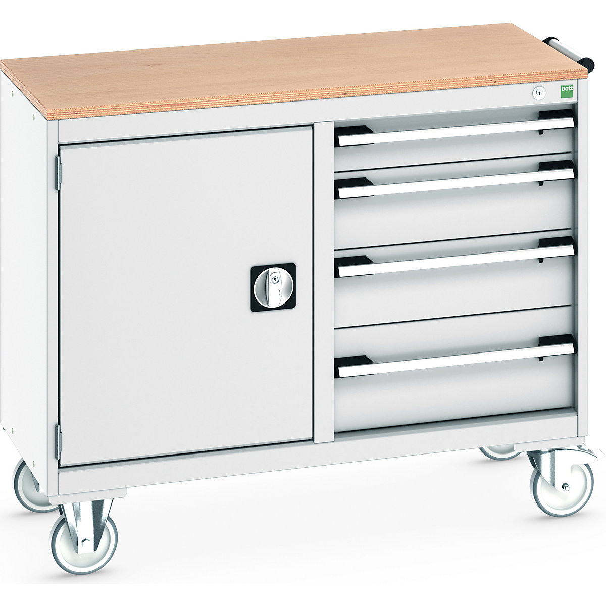 Bott Cubio Maintenance Trolleys, Bott Cubio Maintenance Trolleys, Bott Cubio Maintenance Trolley | 890h x 1050w x 525d mm | 50/50 - Cupboard & 4 Drawers | MPX Worktop | Light Grey Drawers | Light Grey Housing-0