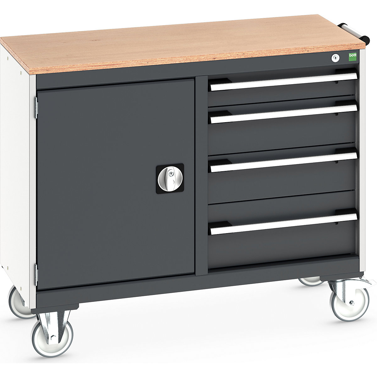 Bott Cubio Maintenance Trolleys, Bott Cubio Maintenance Trolleys, Bott Cubio Maintenance Trolley | 890h x 1050w x 525d mm | 50/50 - Cupboard & 4 Drawers | MPX Worktop | Dark Grey Drawers | Light Grey Housing-0