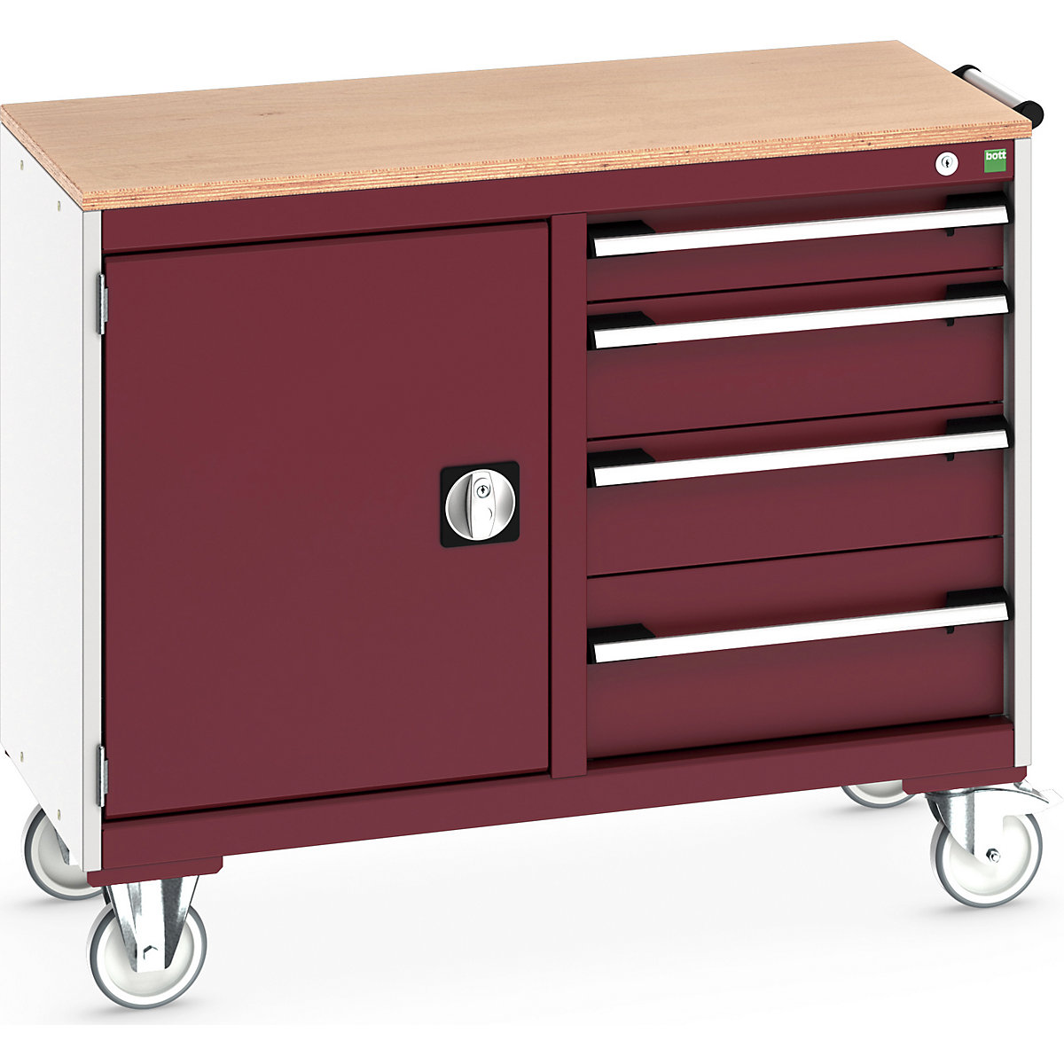Bott Cubio Maintenance Trolleys, Bott Cubio Maintenance Trolleys, Bott Cubio Maintenance Trolley | 890h x 1050w x 525d mm | 50/50 - Cupboard & 4 Drawers | MPX Worktop | Red Drawers | Light Grey Housing-0