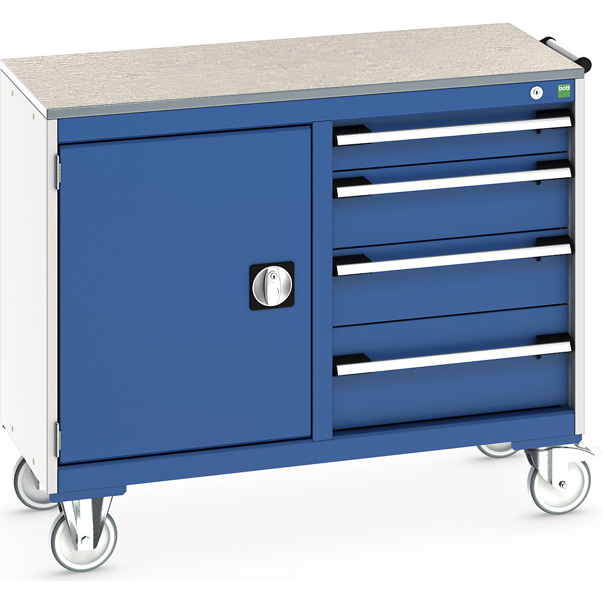 Bott Cubio Maintenance Trolleys, Bott Cubio Maintenance Trolleys, Bott Cubio Maintenance Trolley | 890h x 1050w x 525d mm | 50/50 - Cupboard & 4 Drawers | Lino Worktop | Blue Drawers | Light Grey Housing-0