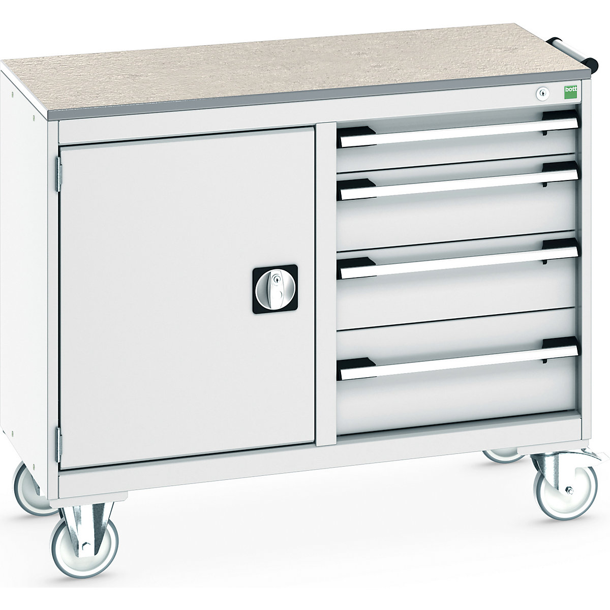 Bott Cubio Maintenance Trolleys, Bott Cubio Maintenance Trolleys, Bott Cubio Maintenance Trolley | 890h x 1050w x 525d mm | 50/50 - Cupboard & 4 Drawers | Lino Worktop | Light Grey Drawers | Light Grey Housing-0