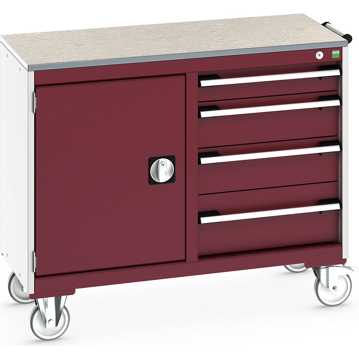 Bott Cubio Maintenance Trolleys, Bott Cubio Maintenance Trolleys, Bott Cubio Maintenance Trolley | 890h x 1050w x 525d mm | 50/50 - Cupboard & 4 Drawers | Lino Worktop | Red Drawers | Light Grey Housing-0