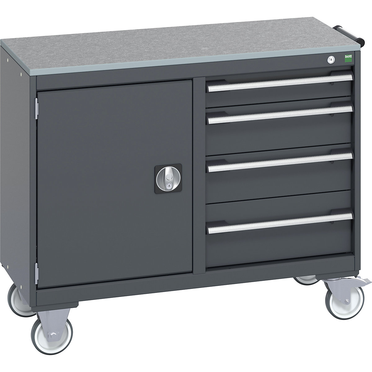 Bott Cubio Maintenance Trolleys, Bott Cubio Maintenance Trolleys, Bott Cubio Maintenance Trolley | 890h x 1050w x 525d mm | 50/50 - Cupboard & 4 Drawers | Lino Worktop | Dark Grey Drawers | Dark Grey Housing-0
