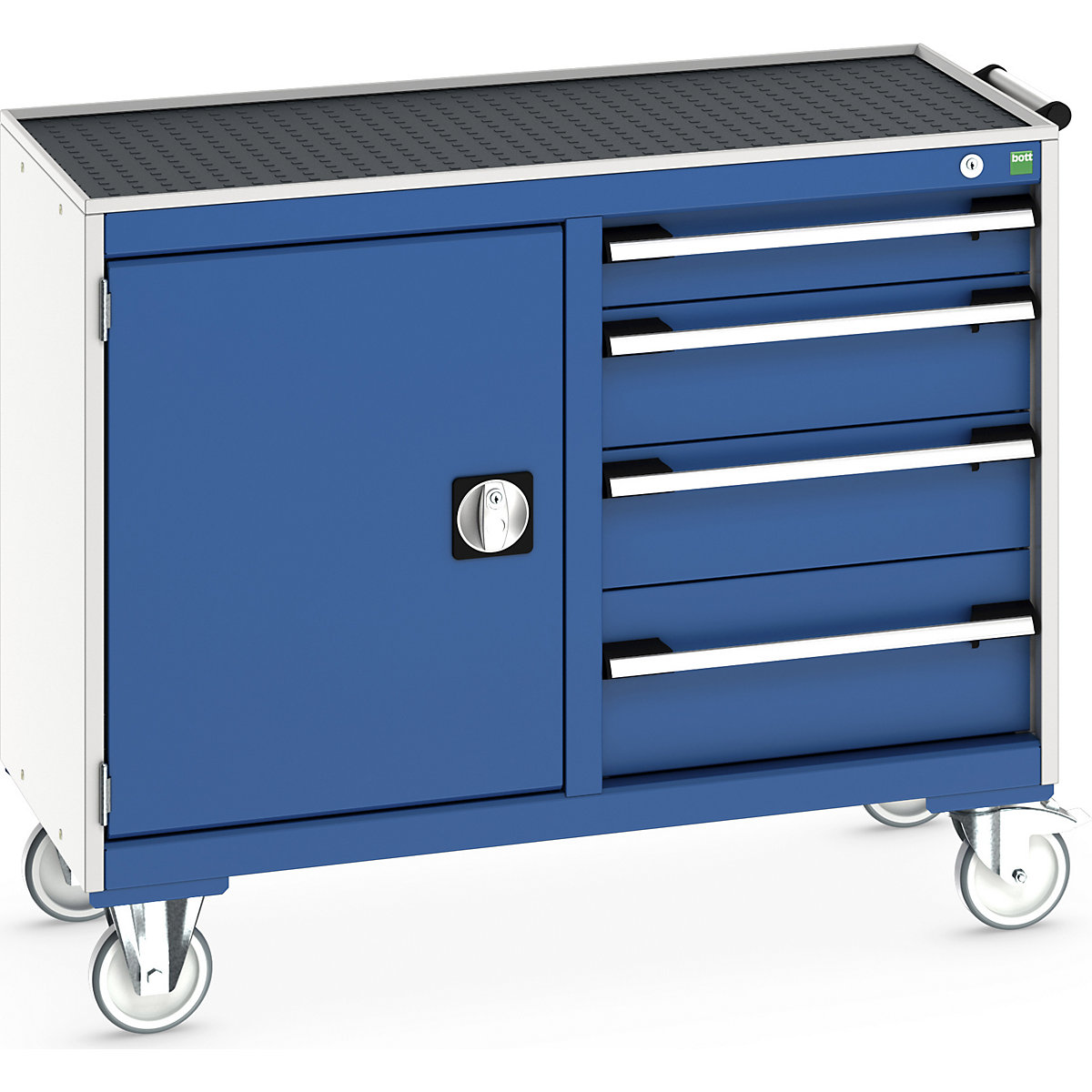 Bott Cubio Maintenance Trolleys, Bott Cubio Maintenance Trolleys, Bott Cubio Maintenance Trolley | 880h x 1050w x 525d mm | 50/50 - Cupboard & 4 Drawers | Top Tray & Mat | Blue Drawers | Light Grey Housing-0