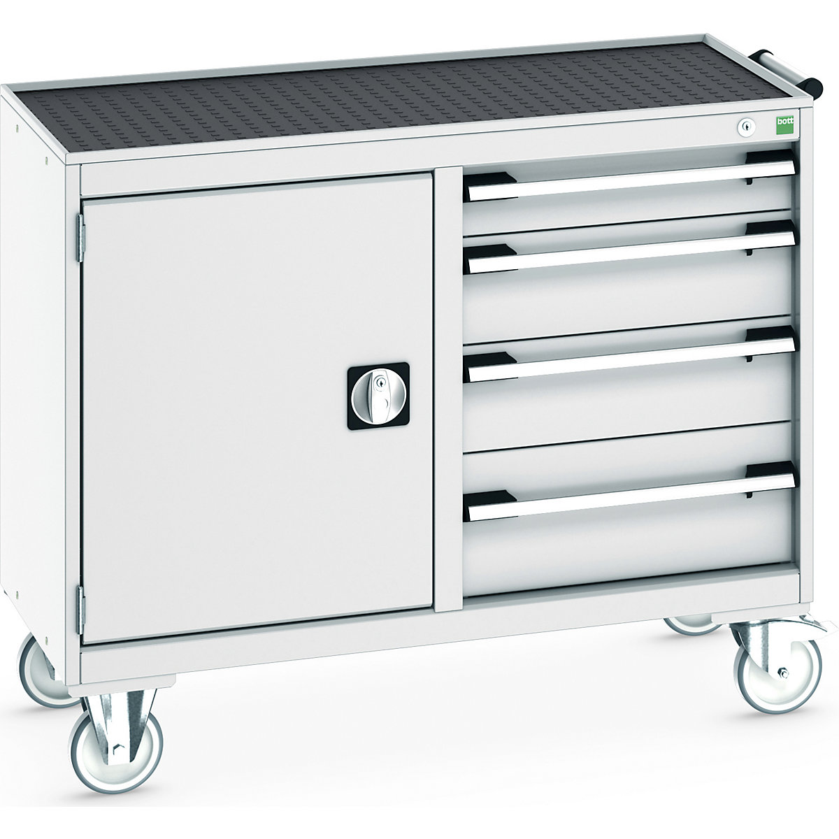 Bott Cubio Maintenance Trolleys, Bott Cubio Maintenance Trolleys, Bott Cubio Maintenance Trolley | 880h x 1050w x 525d mm | 50/50 - Cupboard & 4 Drawers | Top Tray & Mat | Light Grey Drawers | Light Grey Housing-0