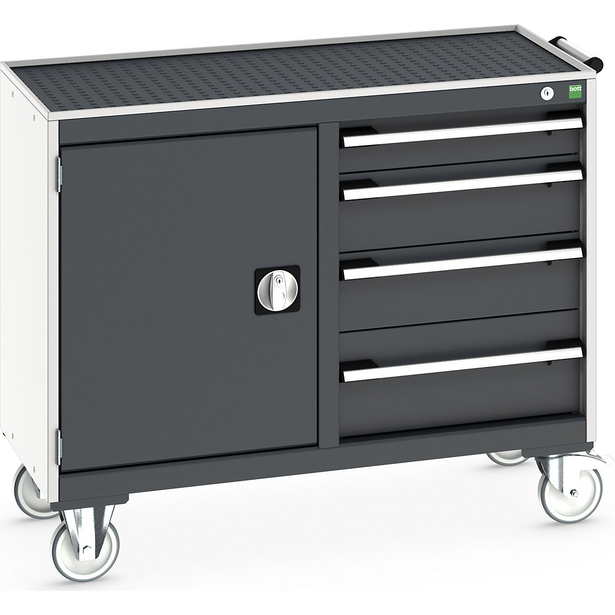 Bott Cubio Maintenance Trolleys, Bott Cubio Maintenance Trolleys, Bott Cubio Maintenance Trolley | 880h x 1050w x 525d mm | 50/50 - Cupboard & 4 Drawers | Top Tray & Mat | Dark Grey Drawers | Light Grey Housing-0
