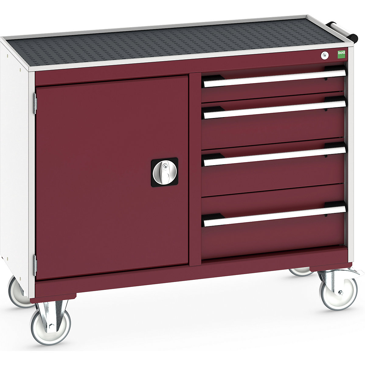 Bott Cubio Maintenance Trolleys, Bott Cubio Maintenance Trolleys, Bott Cubio Maintenance Trolley | 880h x 1050w x 525d mm | 50/50 - Cupboard & 4 Drawers | Top Tray & Mat | Red Drawers | Light Grey Housing-0
