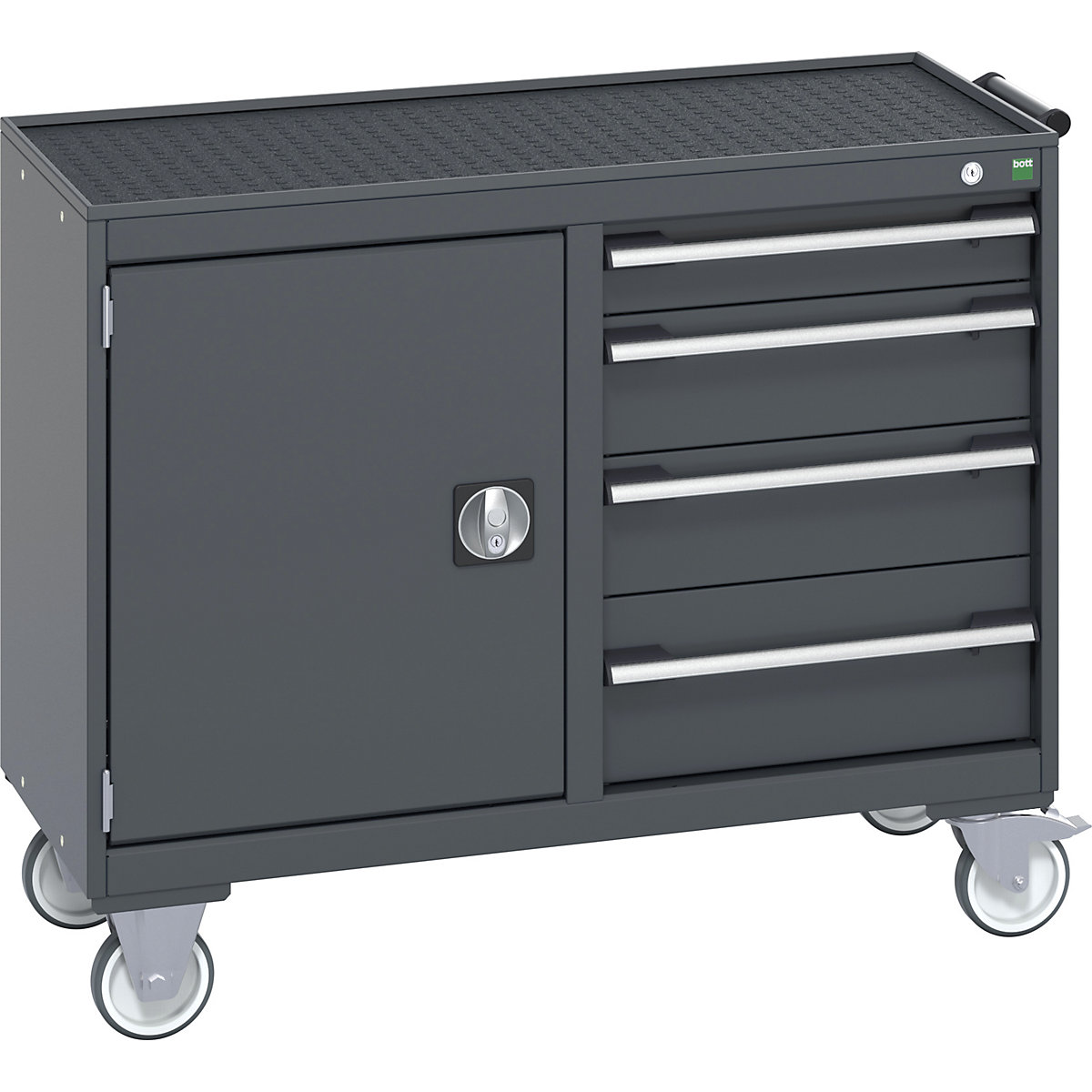 Bott Cubio Maintenance Trolleys, Bott Cubio Maintenance Trolleys, Bott Cubio Maintenance Trolley | 885h x 1050w x 525d mm | 50/50 - Cupboard & 4 Drawers | Top Tray & Mat | Dark Grey Drawers | Dark Grey Housing-0