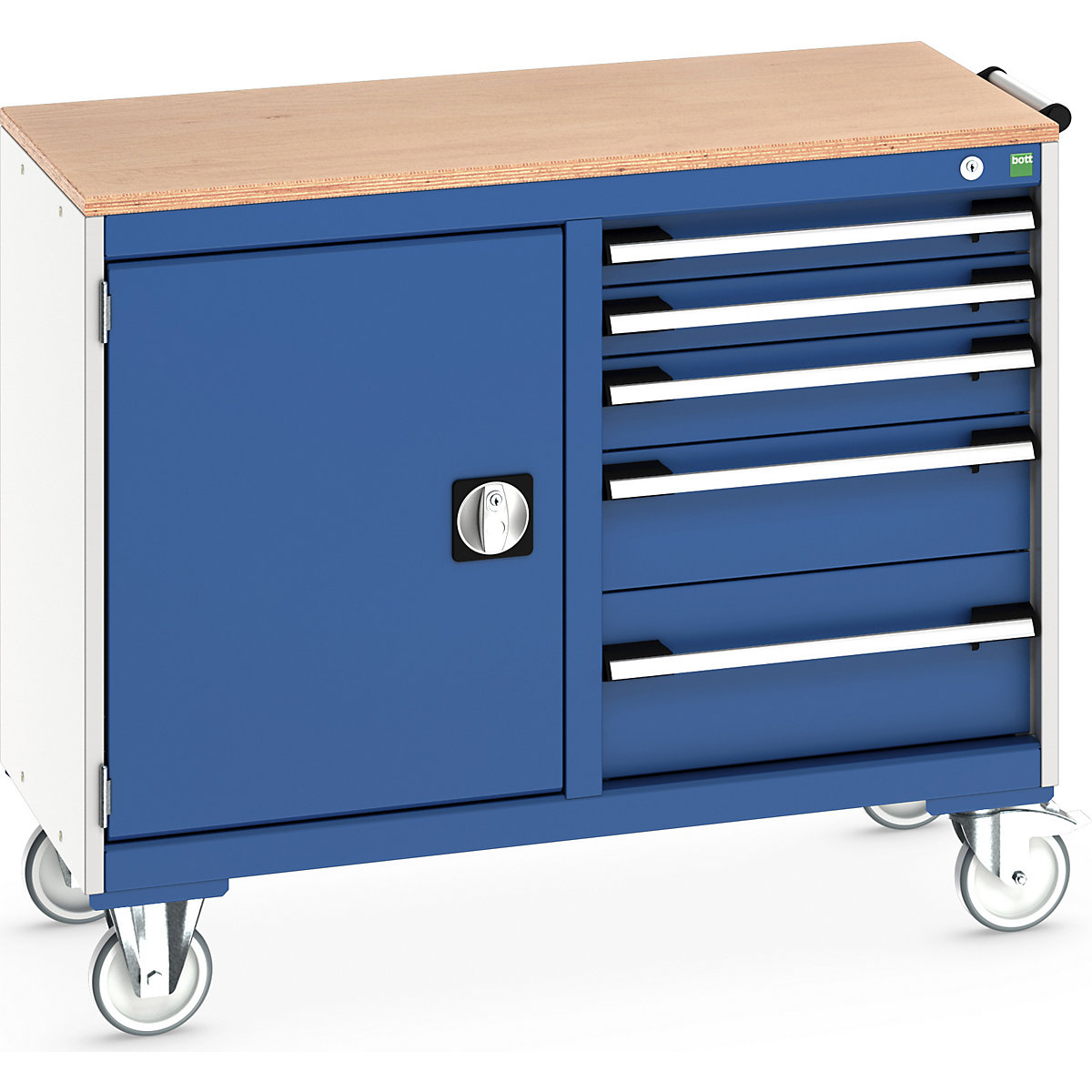 Bott Cubio Maintenance Trolleys, Bott Cubio Maintenance Trolleys, Bott Cubio Maintenance Trolley | 890h x 1050w x 525d mm | 50/50 - Cupboard & 5 Drawers | MPX Worktop | Blue Drawers | Light Grey Housing-0
