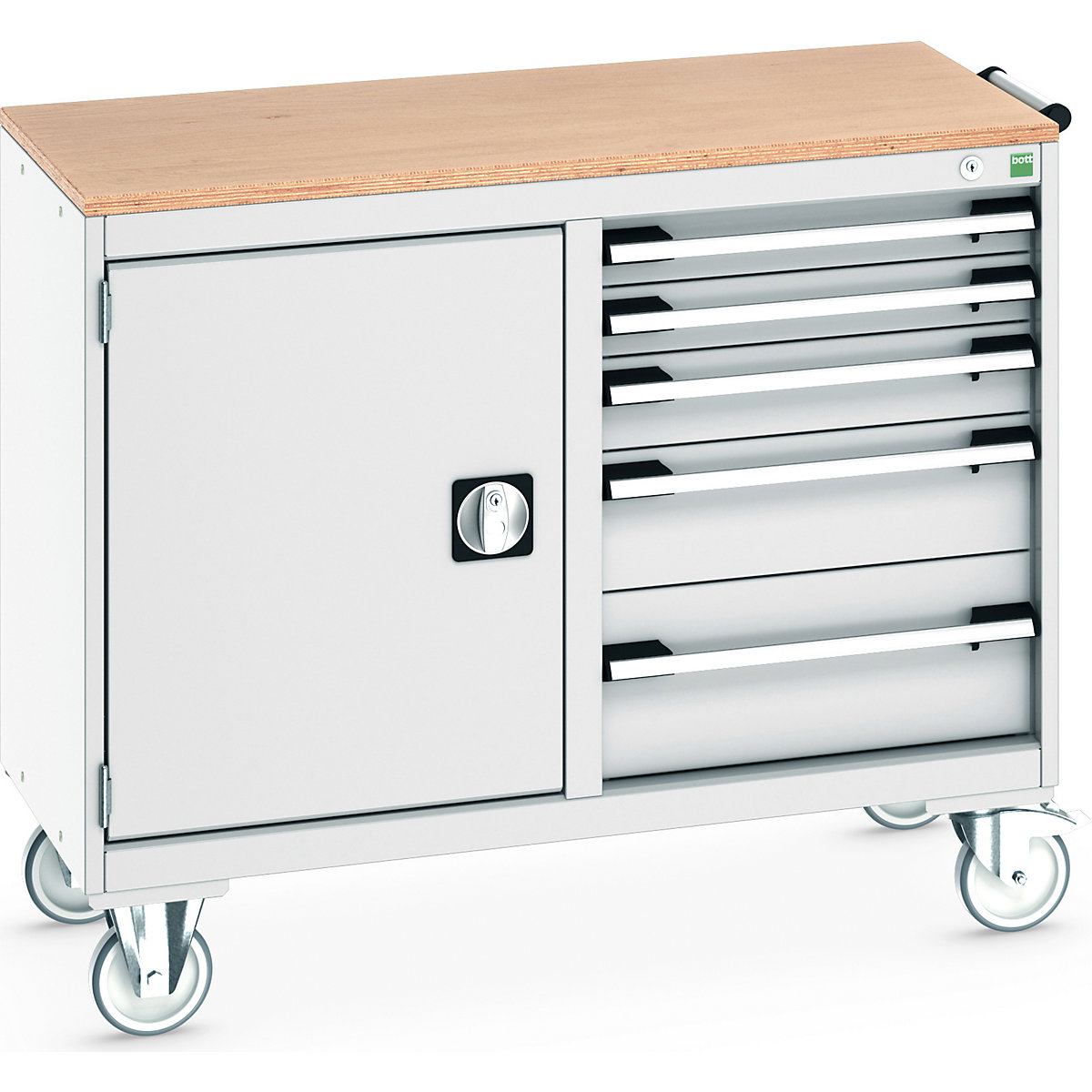 Bott Cubio Maintenance Trolleys, Bott Cubio Maintenance Trolleys, Bott Cubio Maintenance Trolley | 890h x 1050w x 525d mm | 50/50 - Cupboard & 5 Drawers | MPX Worktop | Light Grey Drawers | Light Grey Housing-0