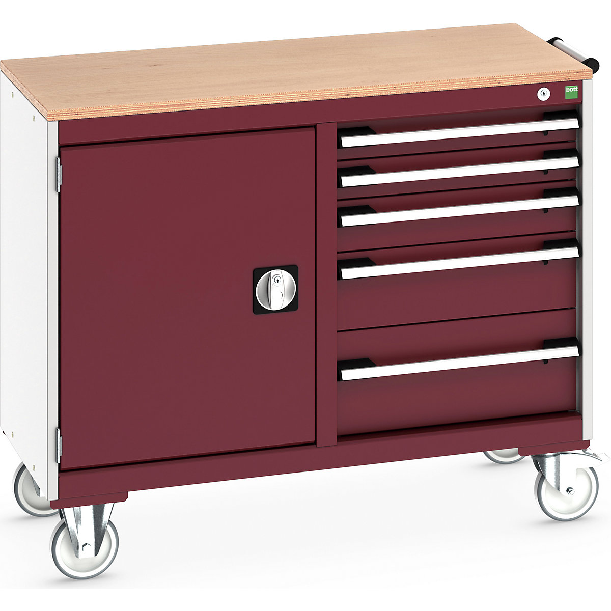 Bott Cubio Maintenance Trolleys, Bott Cubio Maintenance Trolleys, Bott Cubio Maintenance Trolley | 890h x 1050w x 525d mm | 50/50 - Cupboard & 5 Drawers | MPX Worktop | Red Drawers | Light Grey Housing-0
