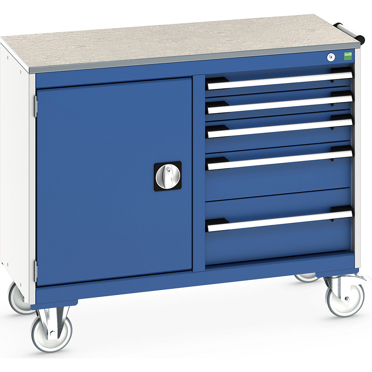 Bott Cubio Maintenance Trolleys, Bott Cubio Maintenance Trolleys, Bott Cubio Maintenance Trolley | 890h x 1050w x 525d mm | 50/50 - Cupboard & 5 Drawers | Lino Worktop | Blue Drawers | Light Grey Housing-0