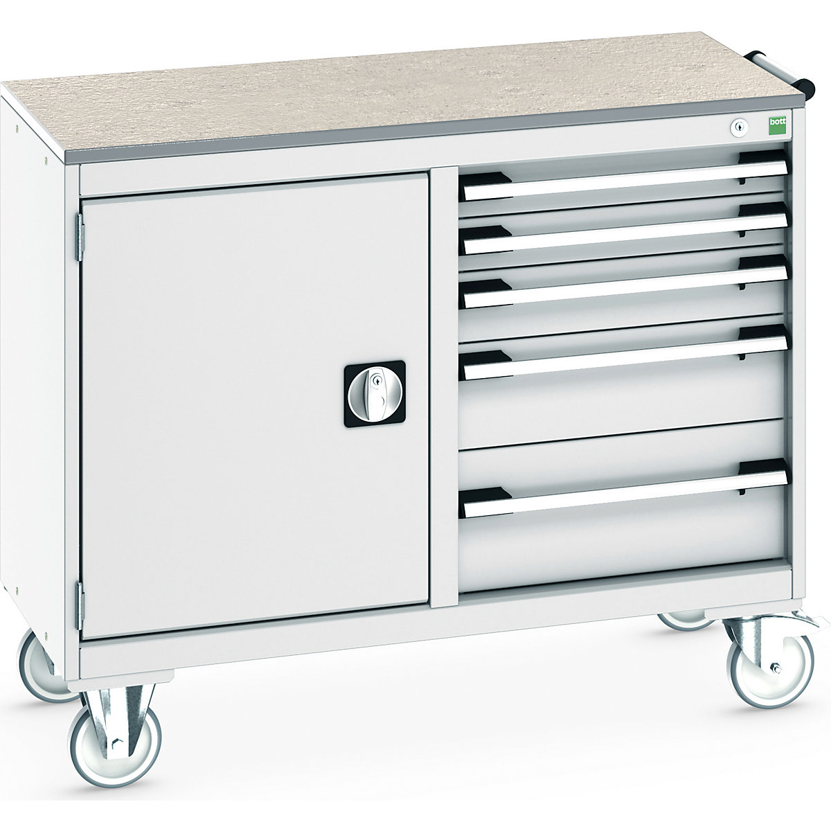 Bott Cubio Maintenance Trolleys, Bott Cubio Maintenance Trolleys, Bott Cubio Maintenance Trolley | 890h x 1050w x 525d mm | 50/50 - Cupboard & 5 Drawers | Lino Worktop | Light Grey Drawers | Light Grey Housing-0