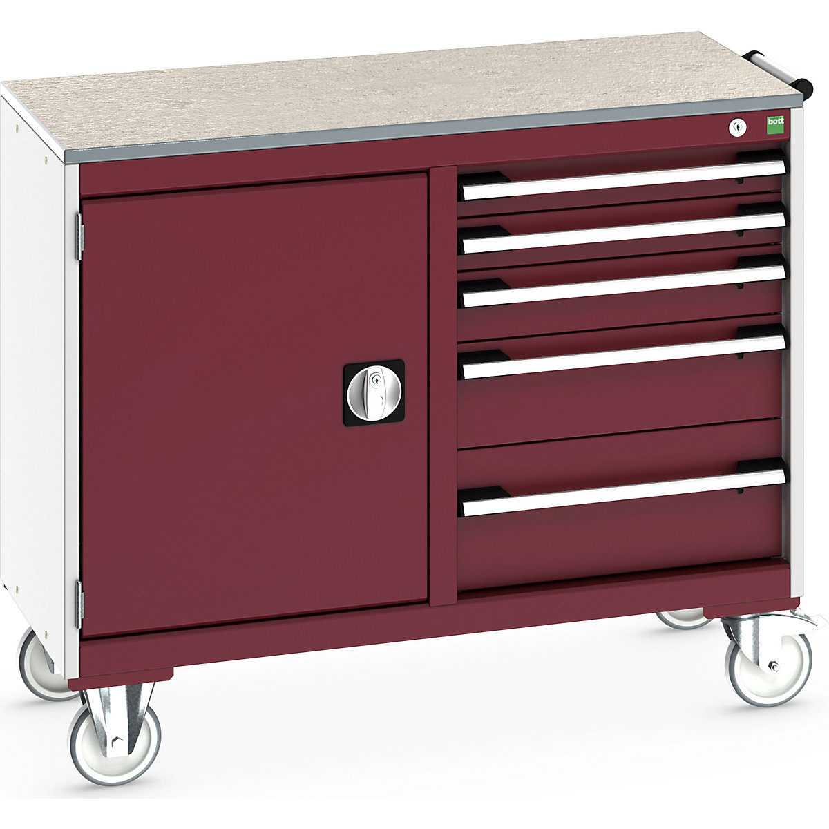 Bott Cubio Maintenance Trolleys, Bott Cubio Maintenance Trolleys, Bott Cubio Maintenance Trolley | 890h x 1050w x 525d mm | 50/50 - Cupboard & 5 Drawers | Lino Worktop | Red Drawers | Light Grey Housing-0