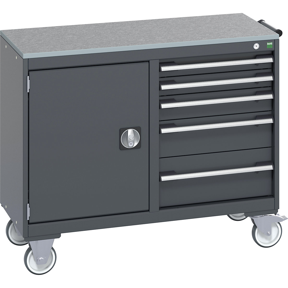 Bott Cubio Maintenance Trolleys, Bott Cubio Maintenance Trolleys, Bott Cubio Maintenance Trolley | 890h x 1050w x 525d mm | 50/50 - Cupboard & 5 Drawers | Lino Worktop | Dark Grey Drawers | Dark Grey Housing-0