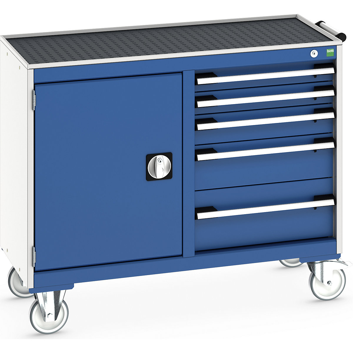 Bott Cubio Maintenance Trolleys, Bott Cubio Maintenance Trolleys, Bott Cubio Maintenance Trolley | 880h x 1050w x 525d mm | 50/50 - Cupboard & 5 Drawers | Top Tray & Mat | Blue Drawers | Light Grey Housing-0