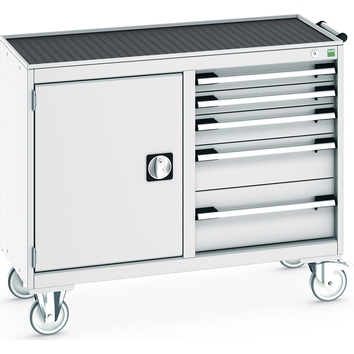 Bott Cubio Maintenance Trolleys, Bott Cubio Maintenance Trolleys, Bott Cubio Maintenance Trolley | 880h x 1050w x 525d mm | 50/50 - Cupboard & 5 Drawers | Top Tray & Mat | Light Grey Drawers | Light Grey Housing-0