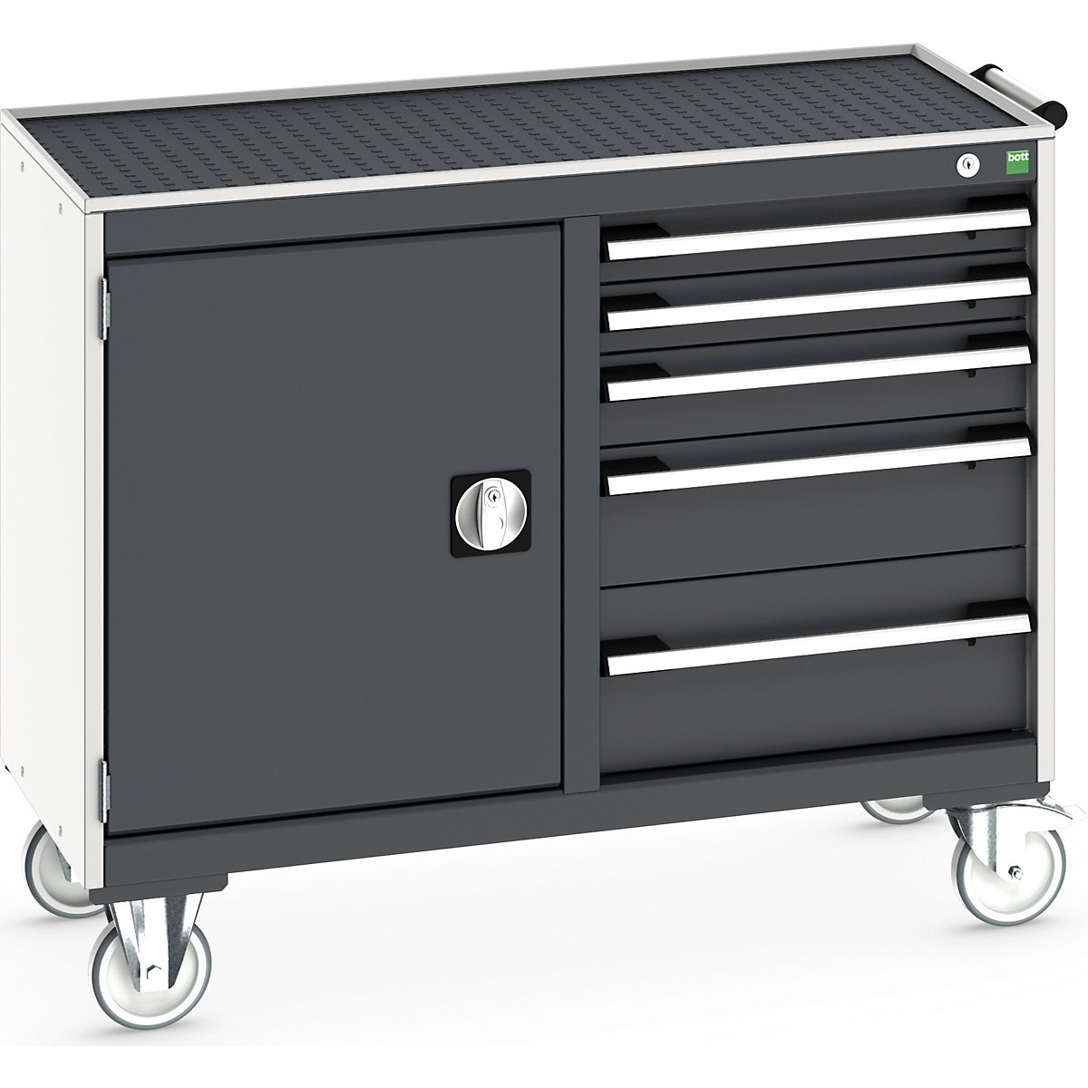 Bott Cubio Maintenance Trolleys, Bott Cubio Maintenance Trolleys, Bott Cubio Maintenance Trolley | 880h x 1050w x 525d mm | 50/50 - Cupboard & 5 Drawers | Top Tray & Mat | Dark Grey Drawers | Light Grey Housing-0