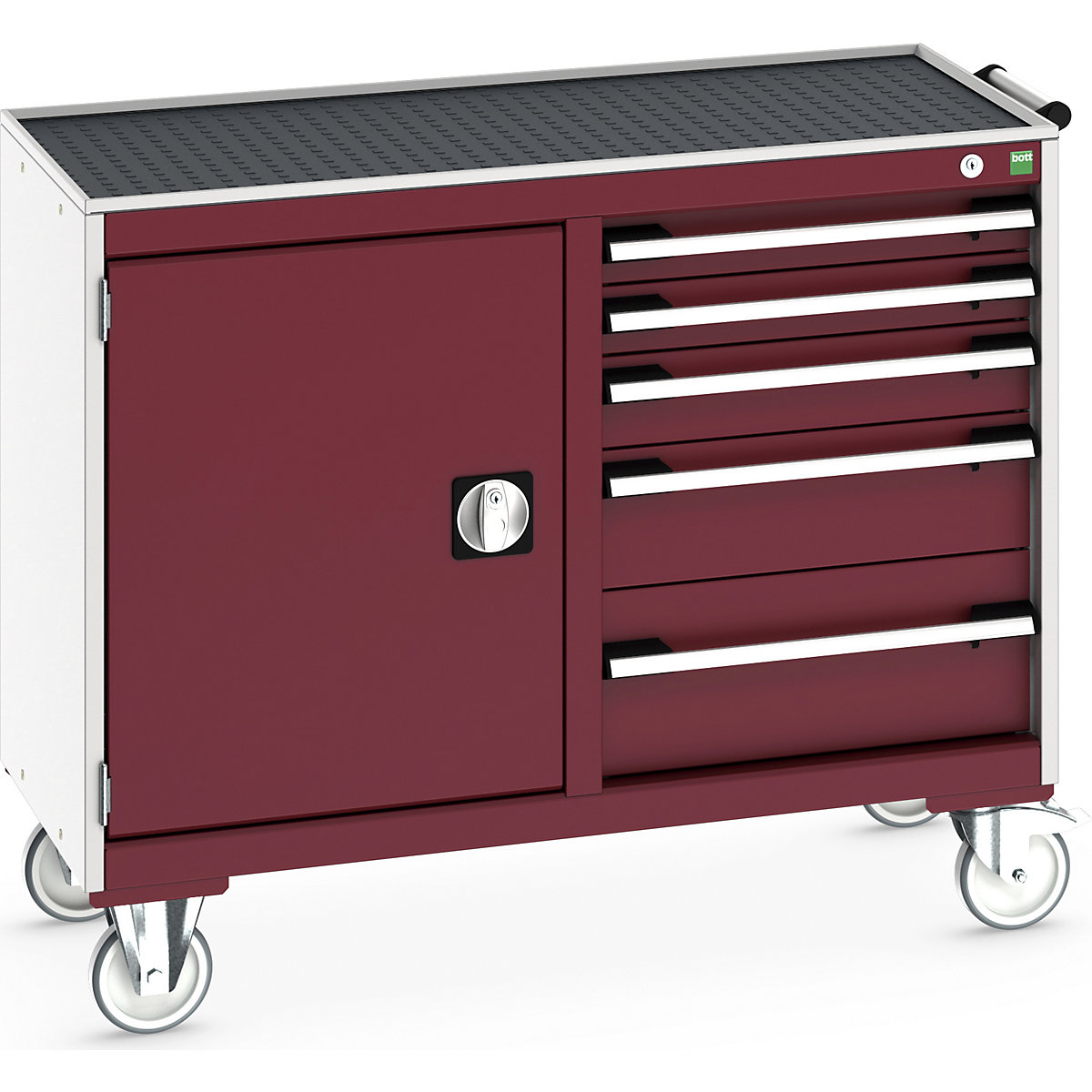 Bott Cubio Maintenance Trolleys, Bott Cubio Maintenance Trolleys, Bott Cubio Maintenance Trolley | 880h x 1050w x 525d mm | 50/50 - Cupboard & 5 Drawers | Top Tray & Mat | Red Drawers | Light Grey Housing-0