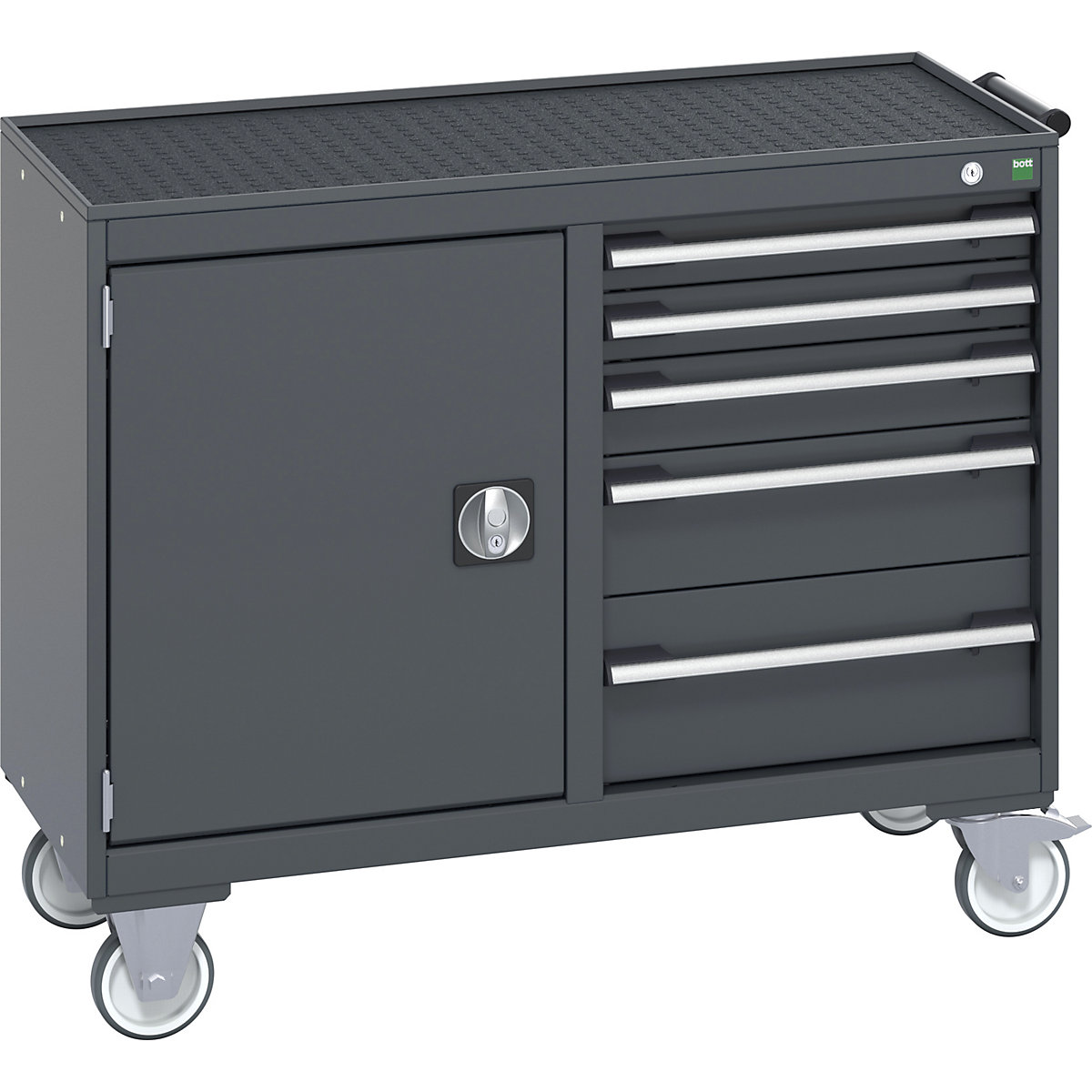 Bott Cubio Maintenance Trolleys, Bott Cubio Maintenance Trolleys, Bott Cubio Maintenance Trolley | 885h x 1050w x 525d mm | 50/50 - Cupboard & 5 Drawers | Top Tray & Mat | Dark Grey Drawers | Dark Grey Housing-0