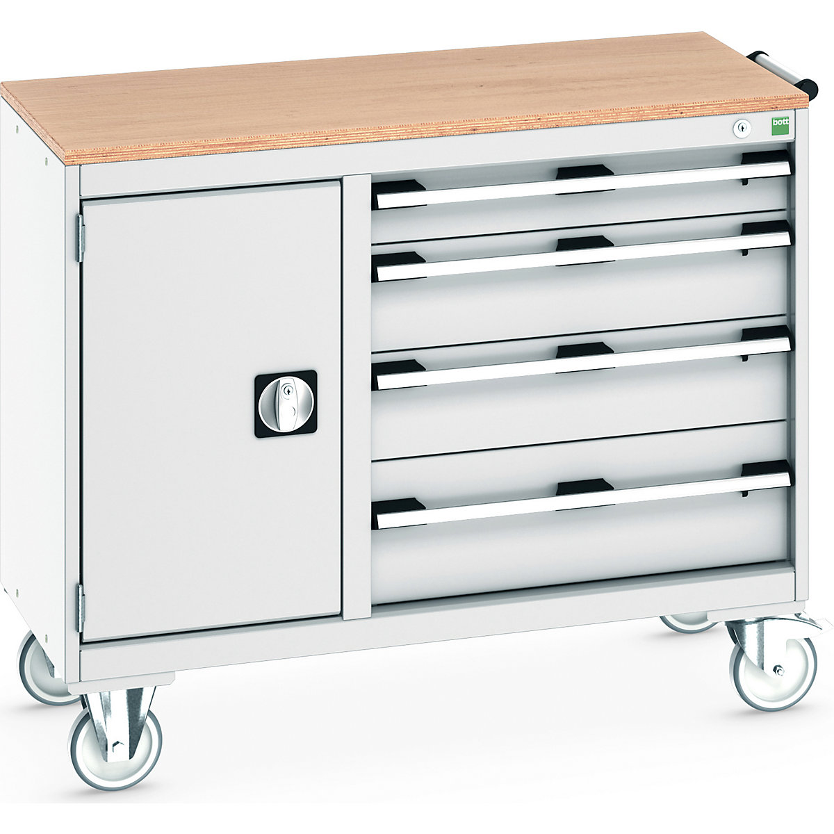 Bott Cubio Maintenance Trolleys, Bott Cubio Maintenance Trolleys, Bott Cubio Maintenance Trolley | 890h x 1050w x 525d mm | 40/60 - Cupboard & 4 Drawers | MPX Worktop | Light Grey Drawers | Light Grey Housing-0
