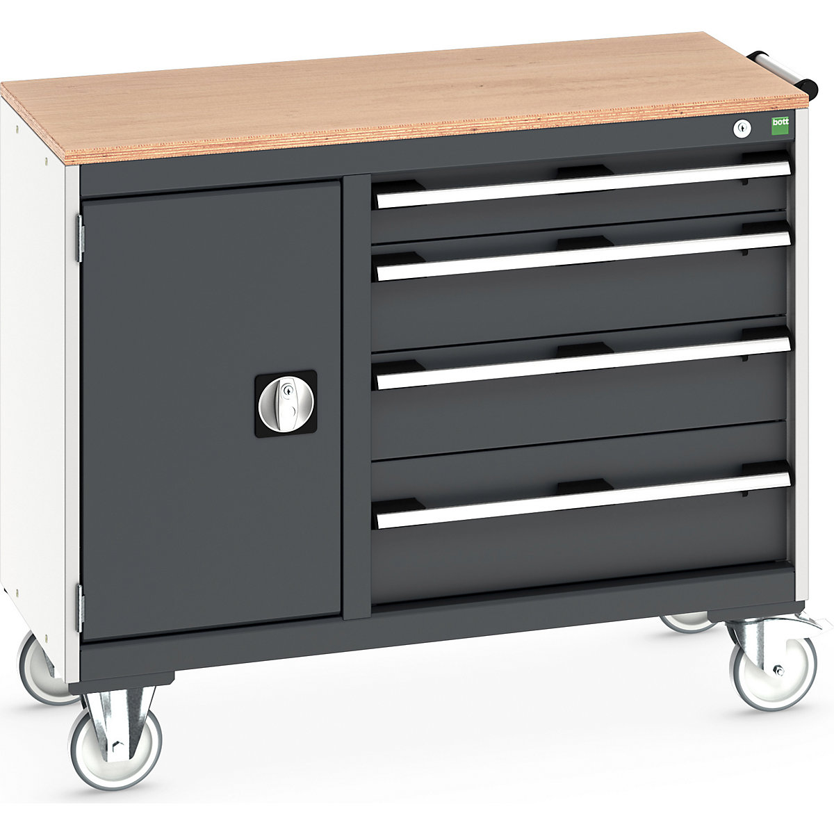 Bott Cubio Maintenance Trolleys, Bott Cubio Maintenance Trolleys, Bott Cubio Maintenance Trolley | 890h x 1050w x 525d mm | 40/60 - Cupboard & 4 Drawers | MPX Worktop | Dark Grey Drawers | Light Grey Housing-0