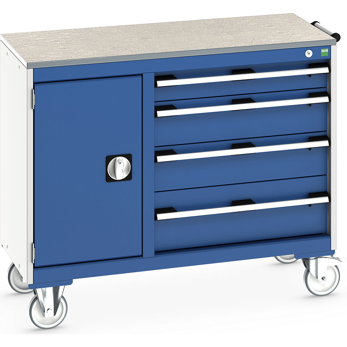 Bott Cubio Maintenance Trolleys, Bott Cubio Maintenance Trolleys, Bott Cubio Maintenance Trolley | 890h x 1050w x 525d mm | 40/60 - Cupboard & 4 Drawers | Lino Worktop | Blue Drawers | Light Grey Housing-0