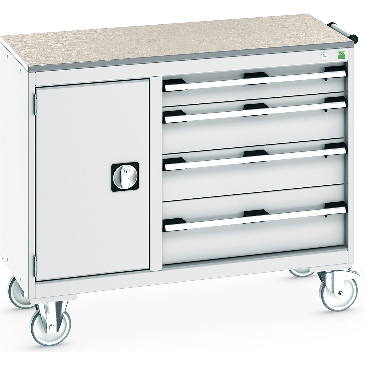 Bott Cubio Maintenance Trolleys, Bott Cubio Maintenance Trolleys, Bott Cubio Maintenance Trolley | 890h x 1050w x 525d mm | 40/60 - Cupboard & 4 Drawers | Lino Worktop | Light Grey Drawers | Light Grey Housing-0