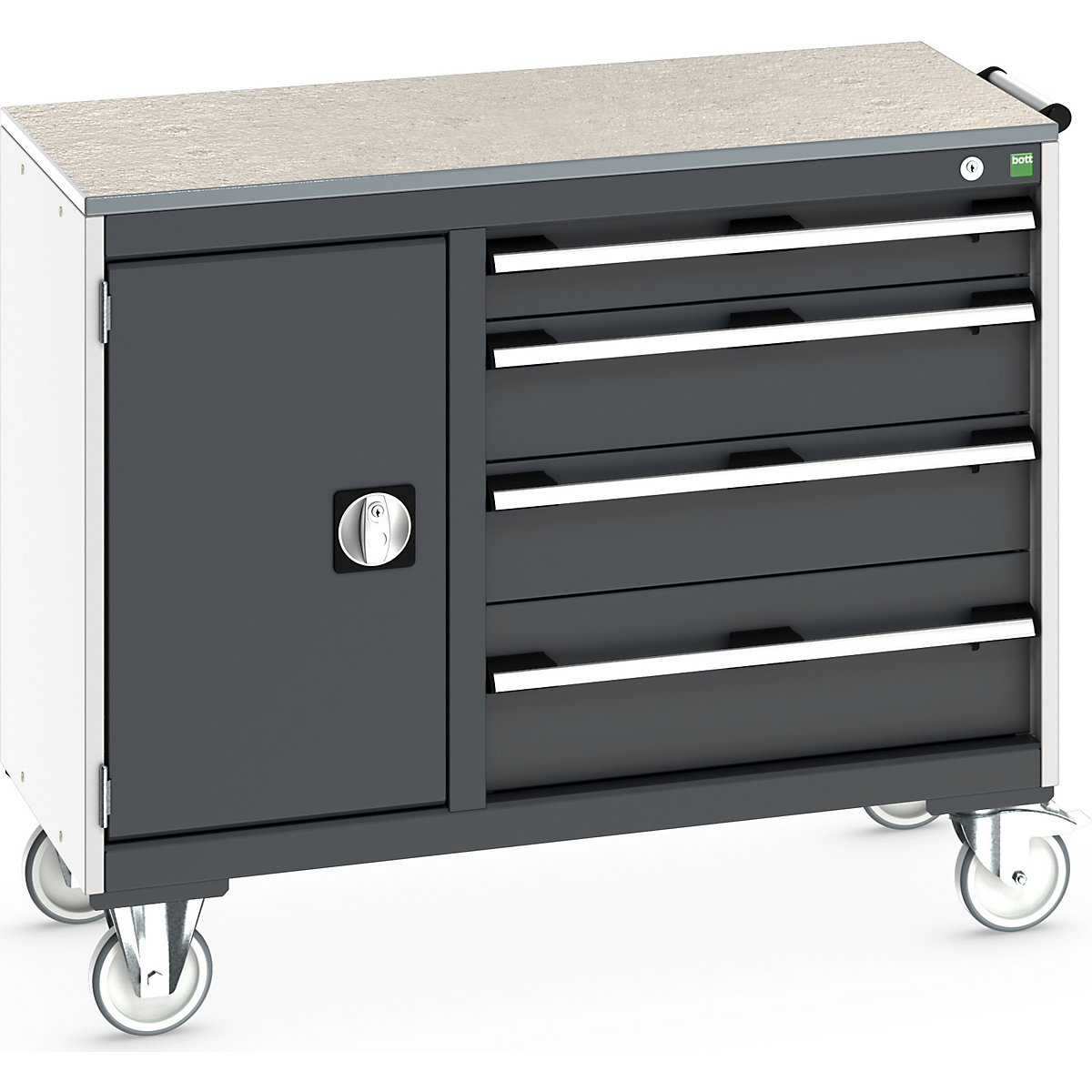 Bott Cubio Maintenance Trolleys, Bott Cubio Maintenance Trolleys, Bott Cubio Maintenance Trolley | 890h x 1050w x 525d mm | 40/60 - Cupboard & 4 Drawers | Lino Worktop | Dark Grey Drawers | Light Grey Housing-0