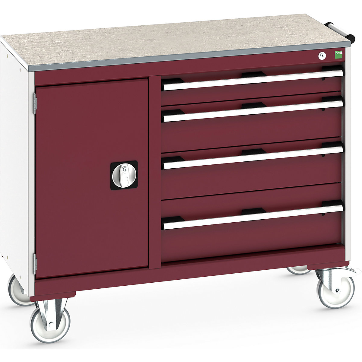 Bott Cubio Maintenance Trolleys, Bott Cubio Maintenance Trolleys, Bott Cubio Maintenance Trolley | 890h x 1050w x 525d mm | 40/60 - Cupboard & 4 Drawers | Lino Worktop | Red Drawers | Light Grey Housing-0