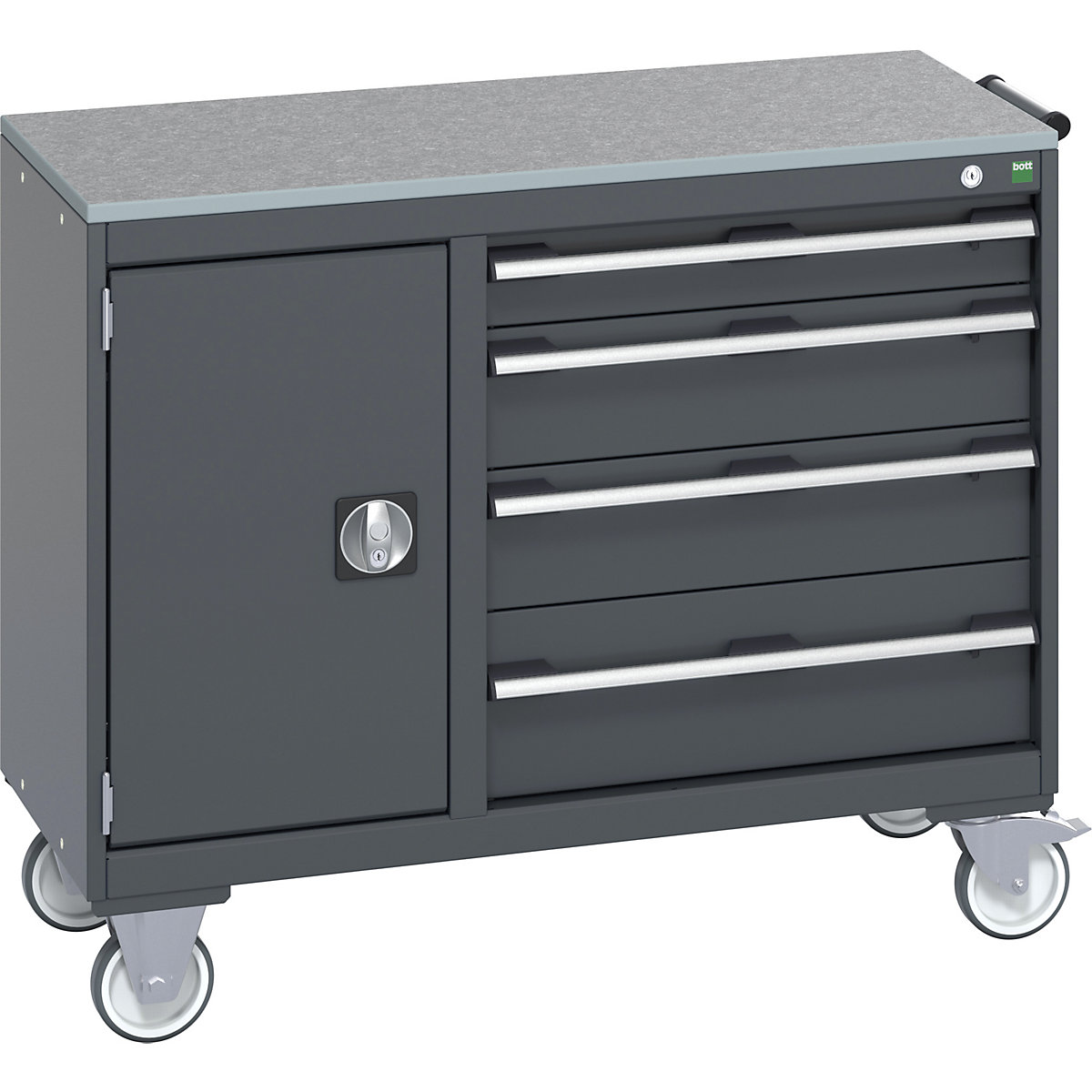 Bott Cubio Maintenance Trolleys, Bott Cubio Maintenance Trolleys, Bott Cubio Maintenance Trolley | 890h x 1050w x 525d mm | 40/60 - Cupboard & 4 Drawers | Lino Worktop | Dark Grey Drawers | Dark Grey Housing-0