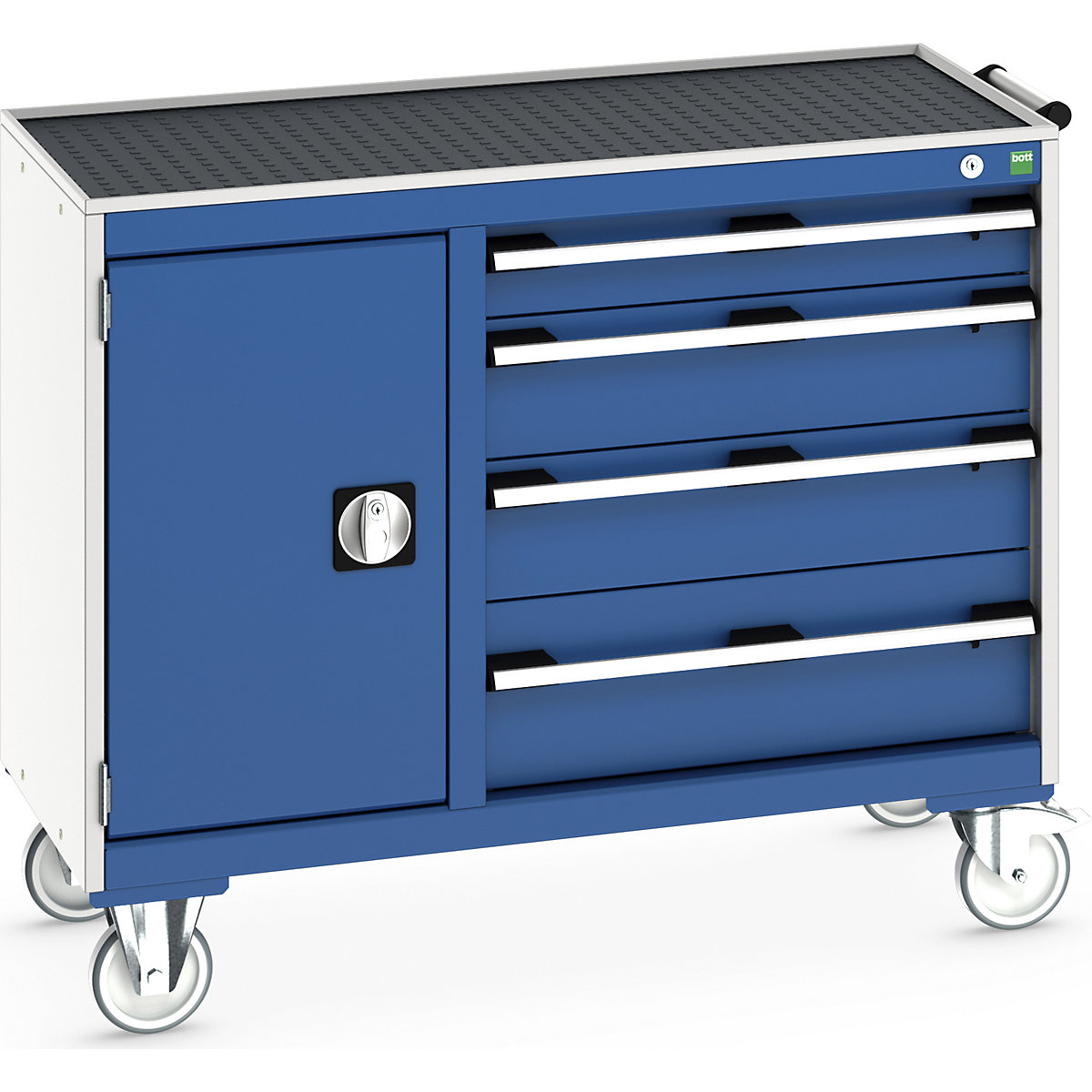 Bott Cubio Maintenance Trolleys, Bott Cubio Maintenance Trolleys, Bott Cubio Maintenance Trolley | 880h x 1050w x 525d mm | 40/60 - Cupboard & 4 Drawers | Top Tray & Mat | Blue Drawers | Light Grey Housing-0