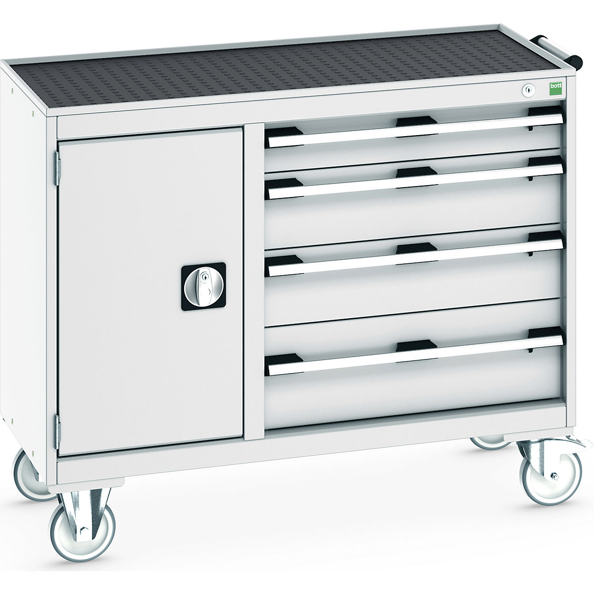 Bott Cubio Maintenance Trolleys, Bott Cubio Maintenance Trolleys, Bott Cubio Maintenance Trolley | 880h x 1050w x 525d mm | 40/60 - Cupboard & 4 Drawers | Top Tray & Mat | Light Grey Drawers | Light Grey Housing-0