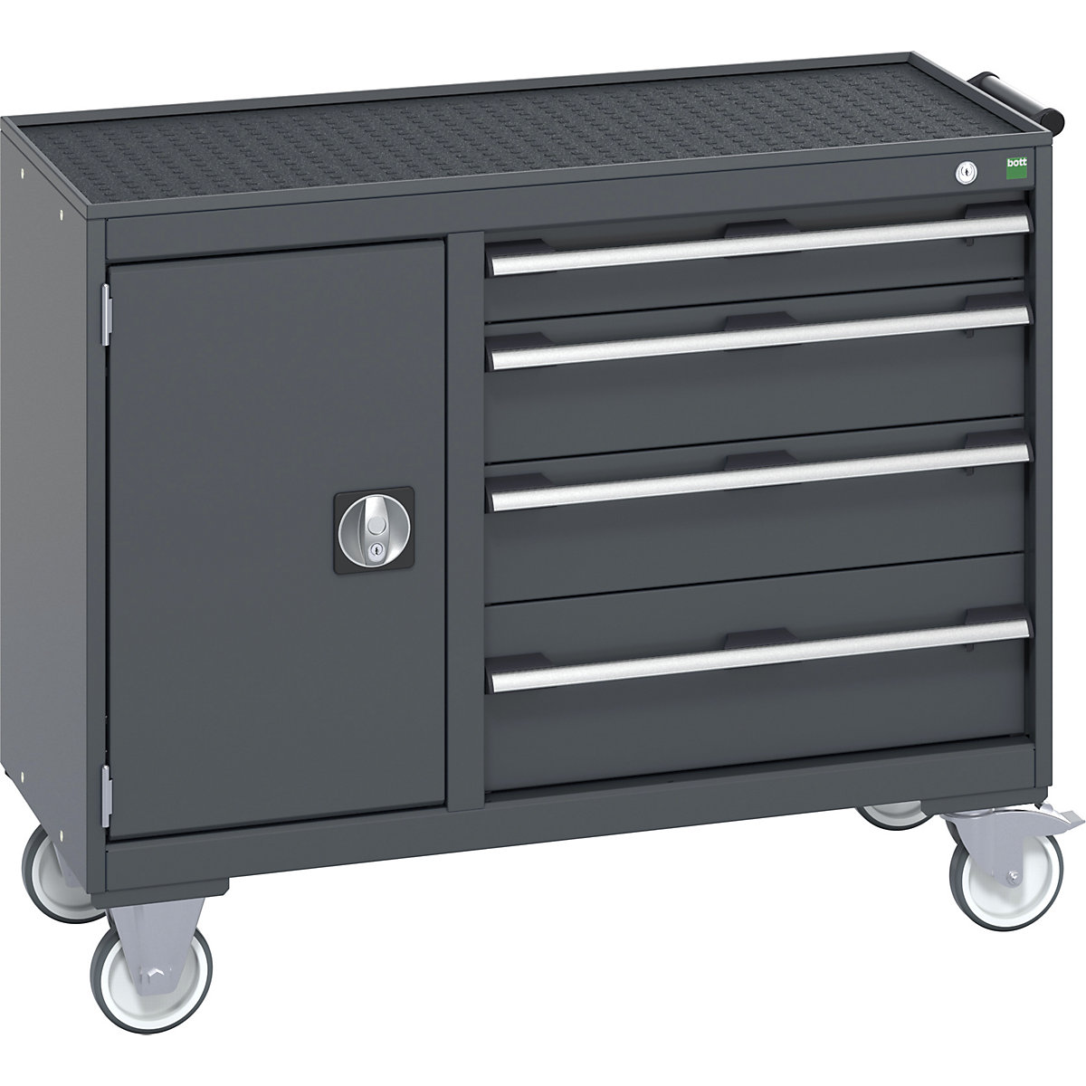 Bott Cubio Maintenance Trolleys, Bott Cubio Maintenance Trolleys, Bott Cubio Maintenance Trolley | 885h x 1050w x 525d mm | 40/60 - Cupboard & 4 Drawers | Top Tray & Mat | Dark Grey Drawers | Dark Grey Housing-0