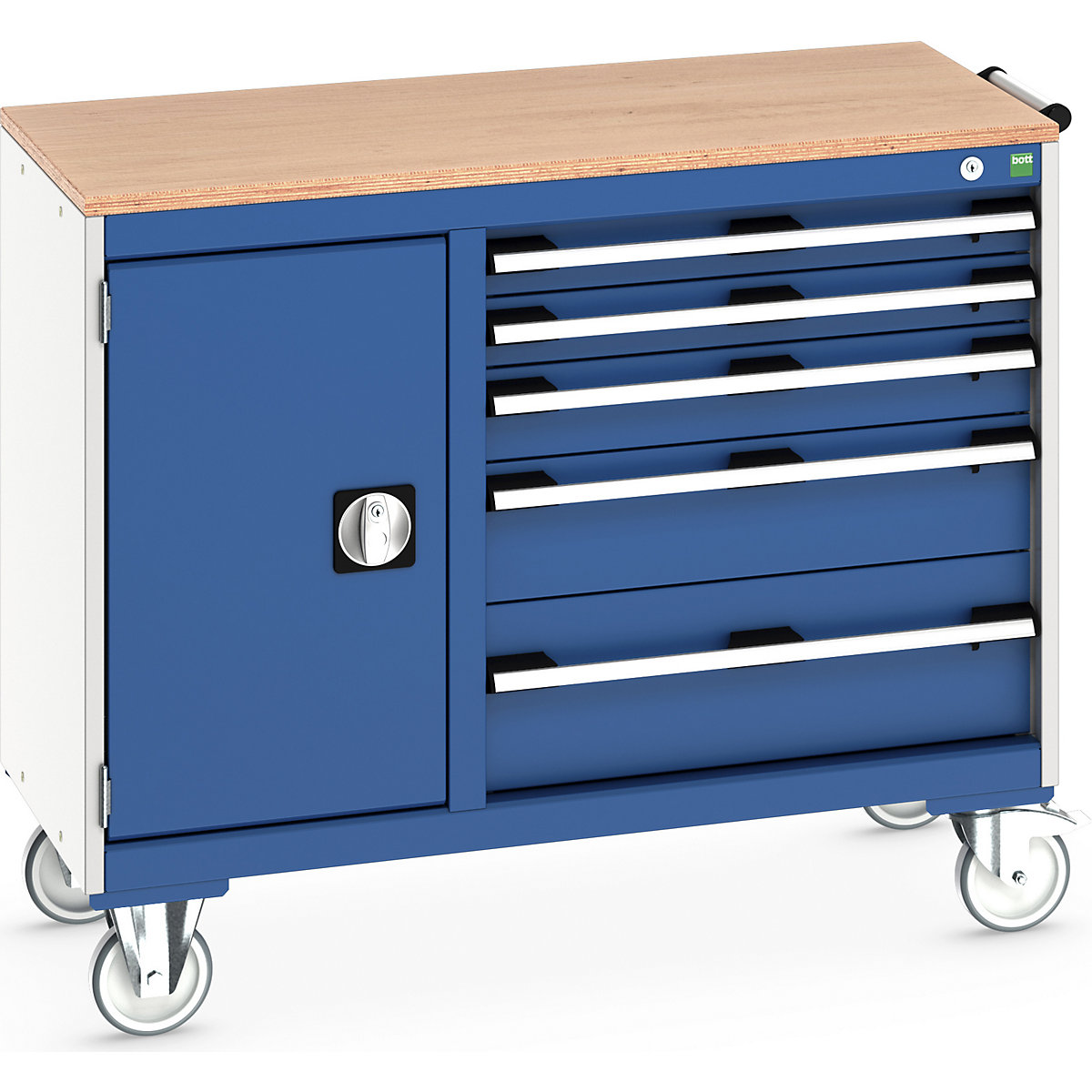 Bott Cubio Maintenance Trolleys, Bott Cubio Maintenance Trolleys, Bott Cubio Maintenance Trolley | 890h x 1050w x 525d mm | 40/60 - Cupboard & 5 Drawers | MPX Worktop | Blue Drawers | Light Grey Housing-0