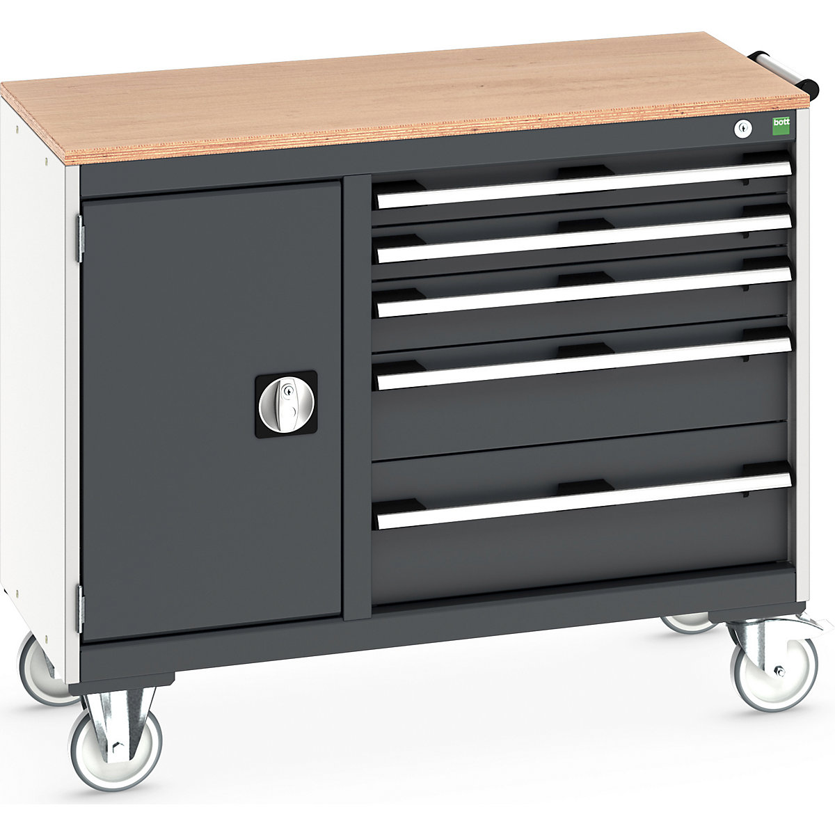 Bott Cubio Maintenance Trolleys, Bott Cubio Maintenance Trolleys, Bott Cubio Maintenance Trolley | 890h x 1050w x 525d mm | 40/60 - Cupboard & 5 Drawers | MPX Worktop | Dark Grey Drawers | Light Grey Housing-0